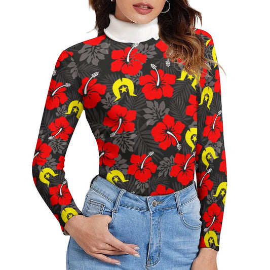 Royal Red Hibiscus with Yellow Dhari on Women Long Sleeve Turtleneck Sweater