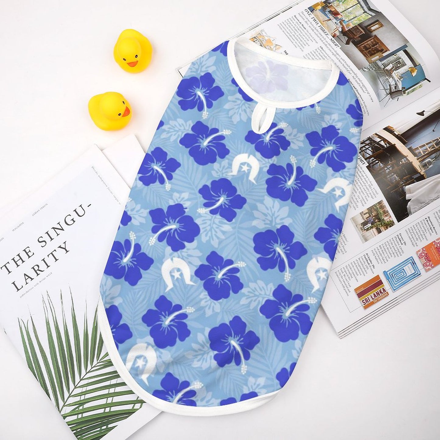 Hibiscus flowers with White Dhari (Sky blue) on Dog Vests- Pet Tank Tops