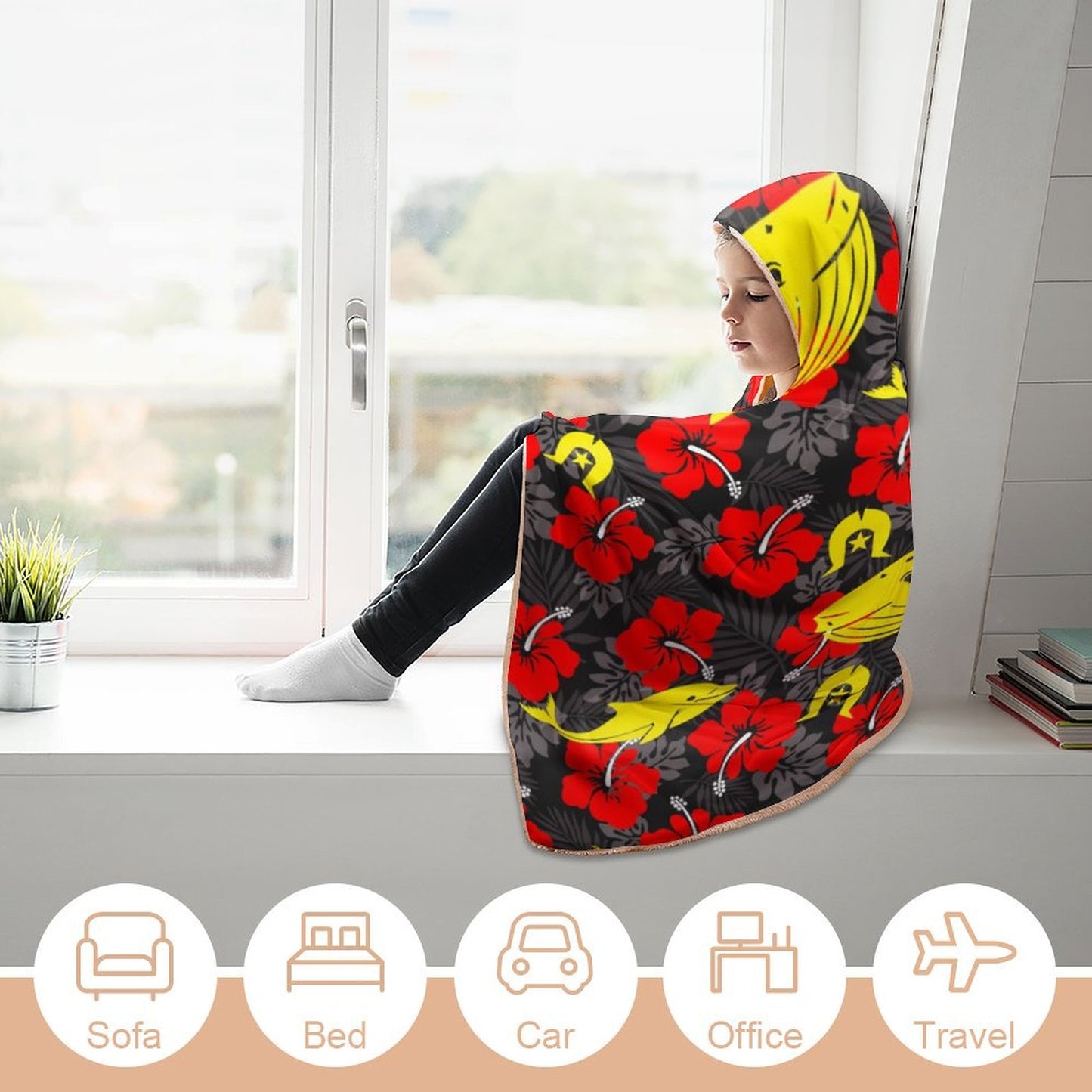 Royal Red Hibiscus with Yellow Dhari, Whale and Dolphin on Cloak Hooded Blanket  40"×50"