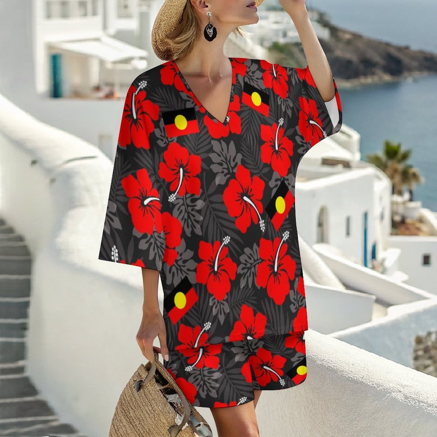 Royal Red Hibiscus flowers with Aboriginal flag on Mediterranean Style V-Neck Suit