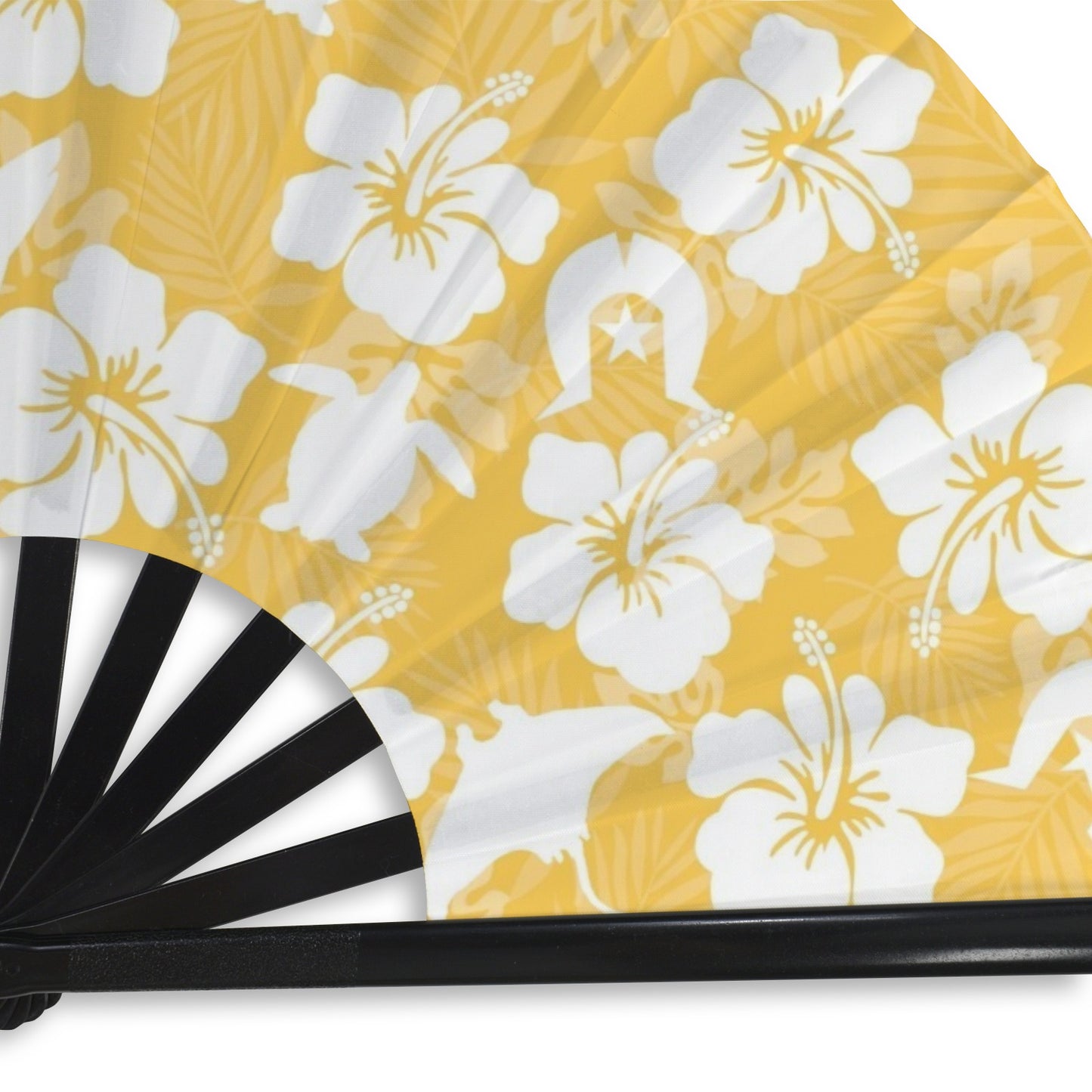 White Hibiscus flowers with Dhari (Orange) on Folding Clack Fan