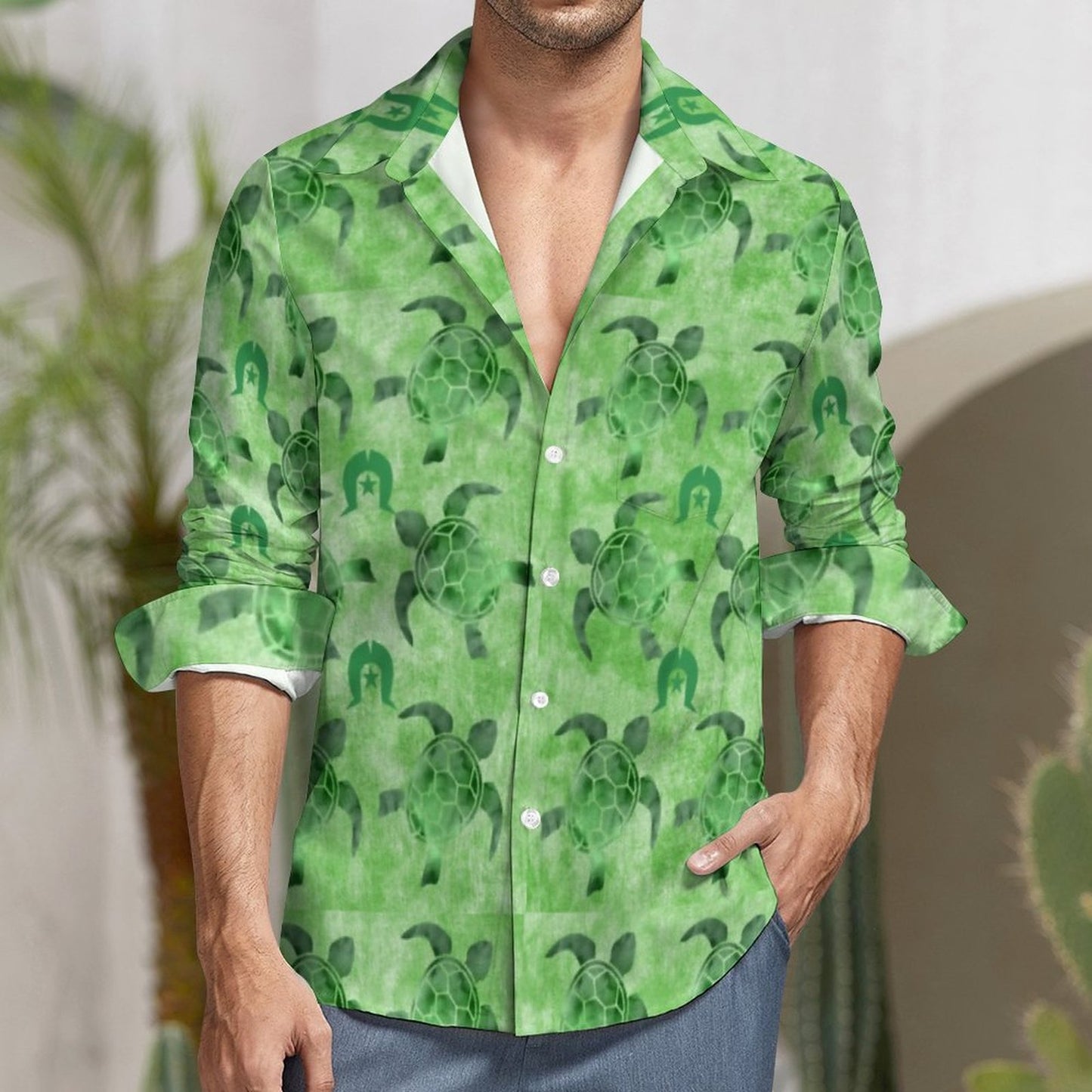 Green Turtle Pattern on Men's Long Sleeve Shirt