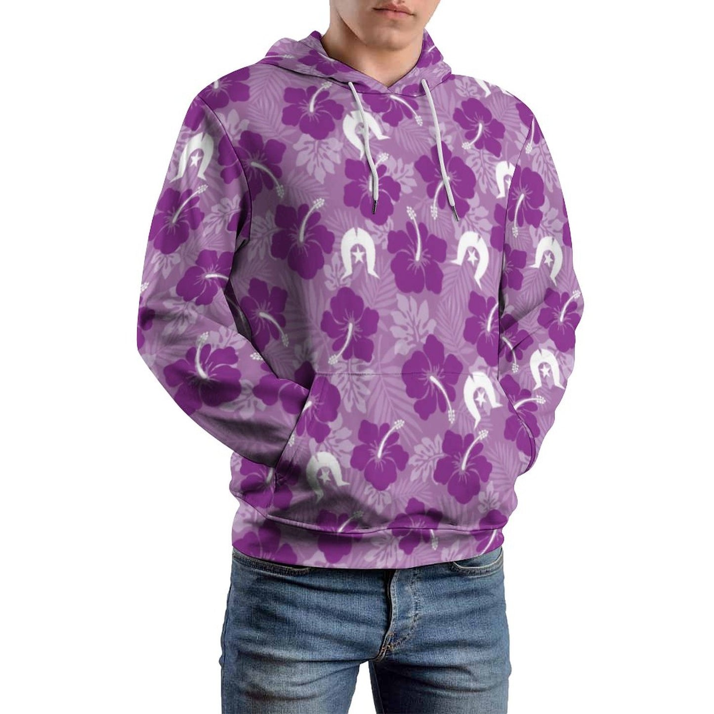 Hibiscus flowers with White Dhari (Royal purple) on Men's Cool Hoodie with Double-layer Cap