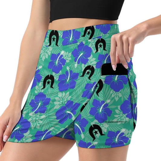 Royal Blue Hibiscus flowers with Black Dhari on Anti-peep Skort with Pocket AMQ