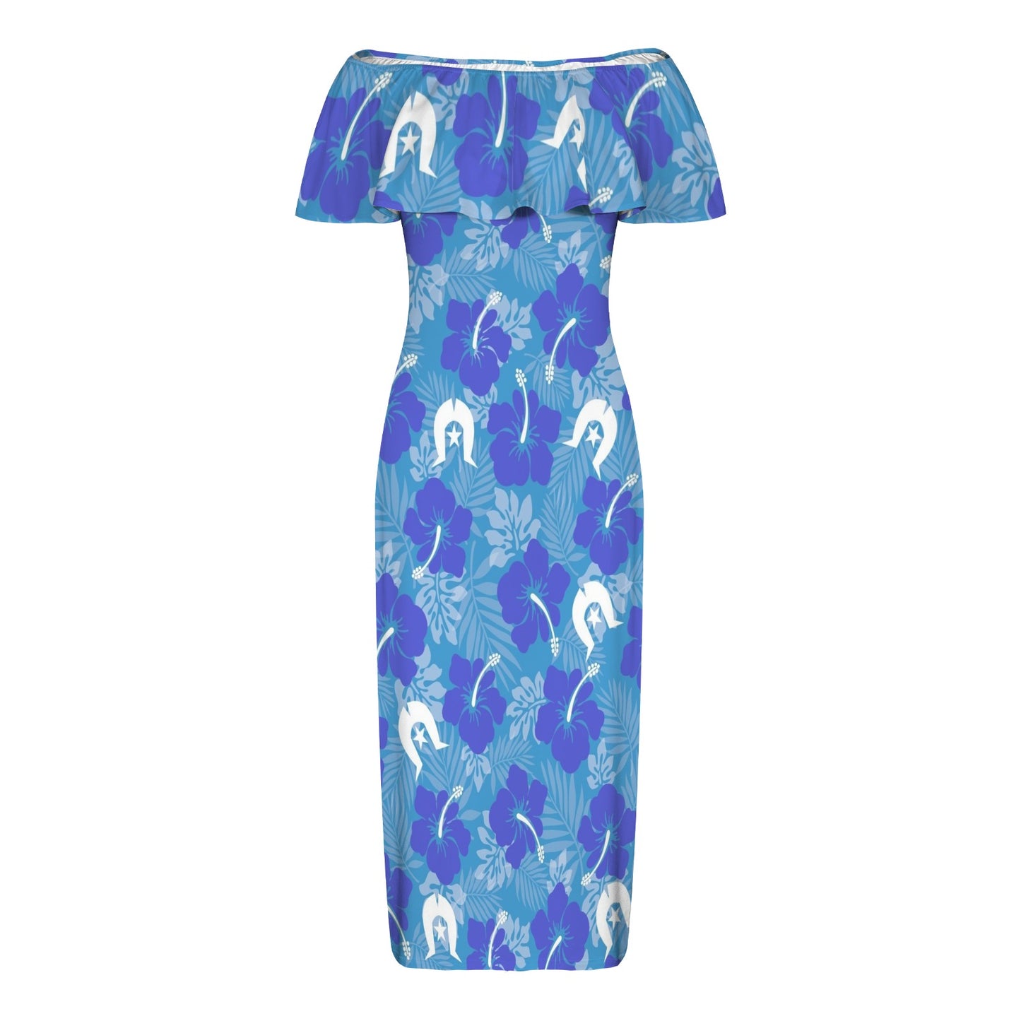 Hibiscus flowers with Dhari (Royal blue) on Women's Off Shoulder Ruffle Boat Neck Dress
