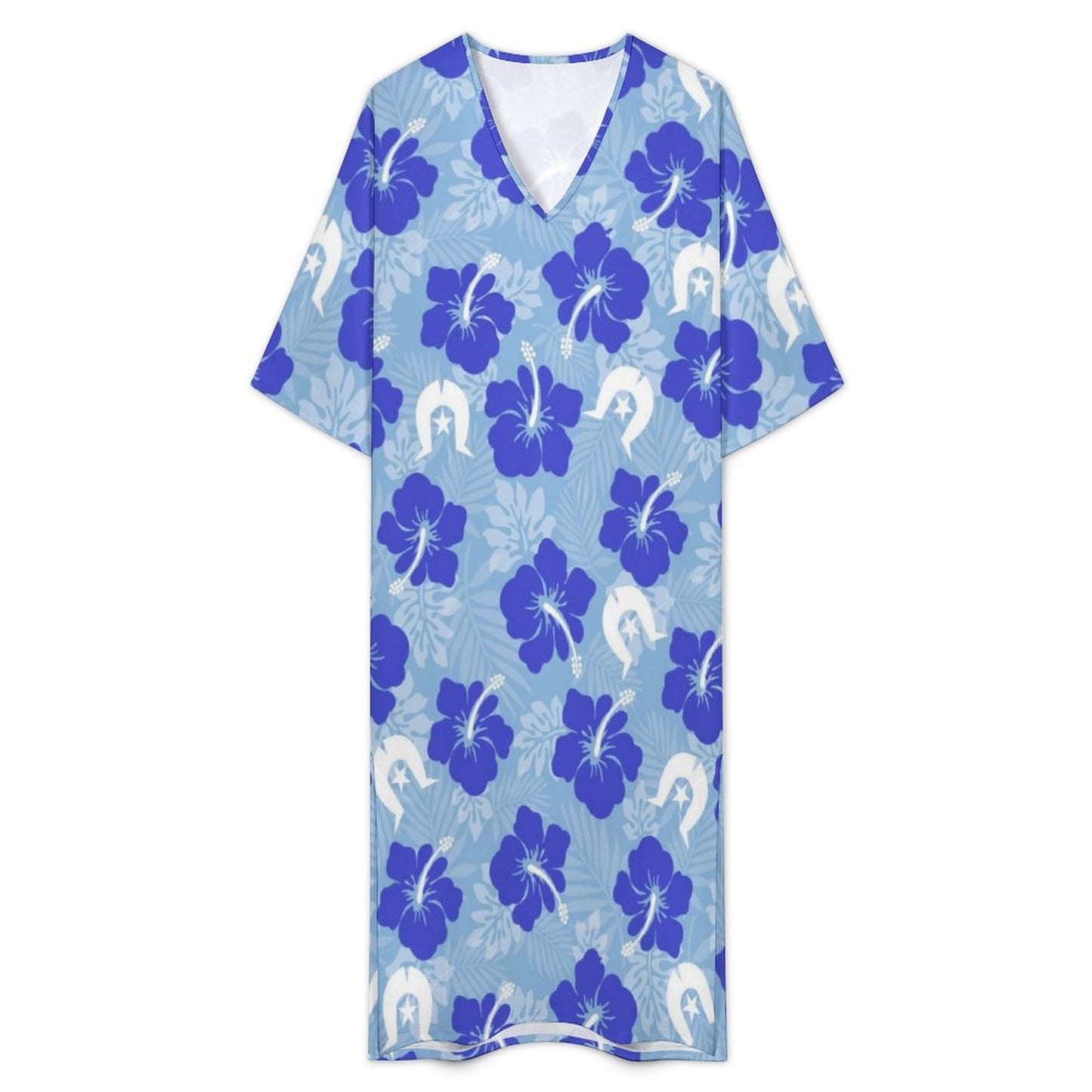 Hibiscus flowers with White Dhari (Sky blue) on Mediterranean Style V Neck Mid-Sleeve Robe