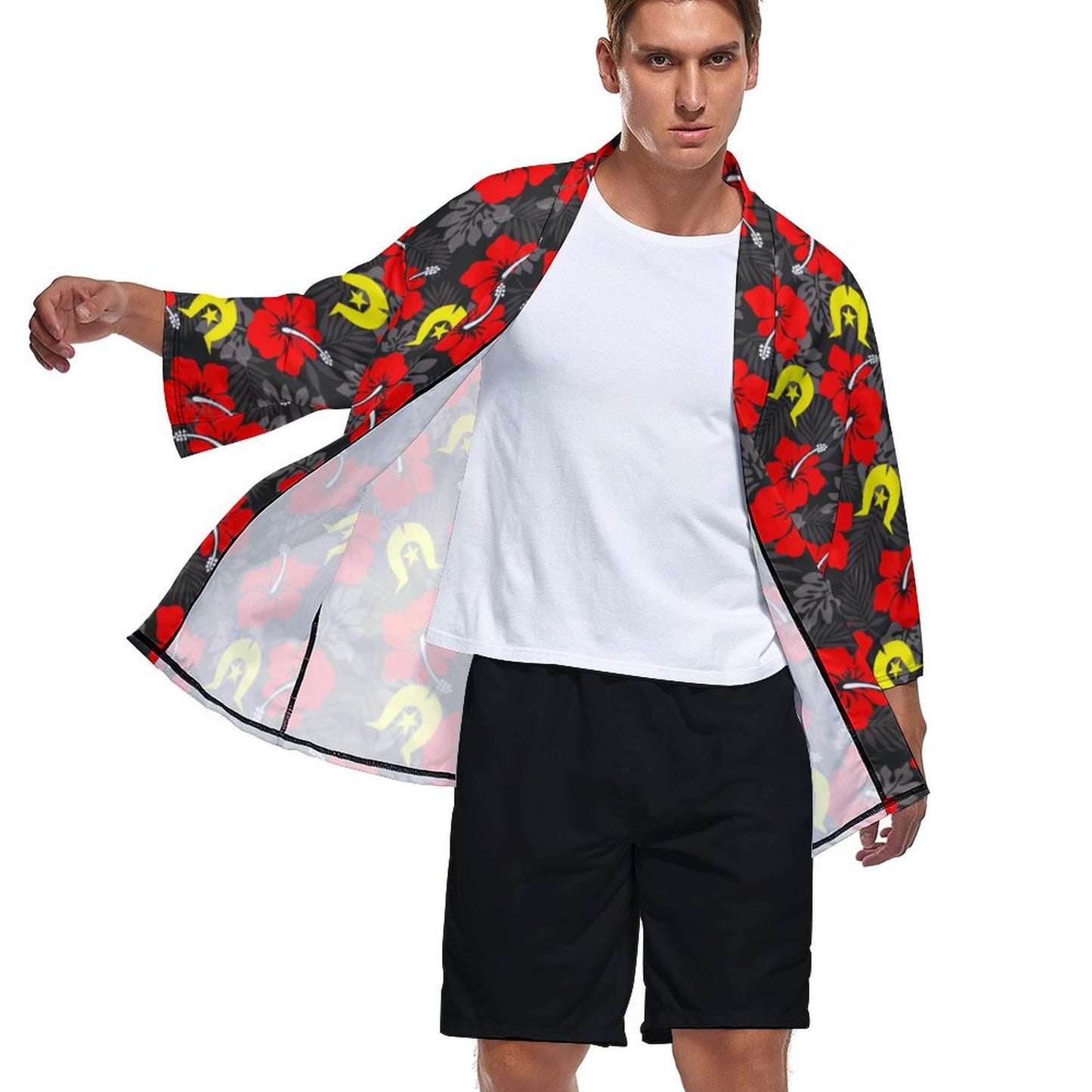 Royal Red Hibiscus with Yellow Dhari on Drop Shoulder Male Kimono Cardigan