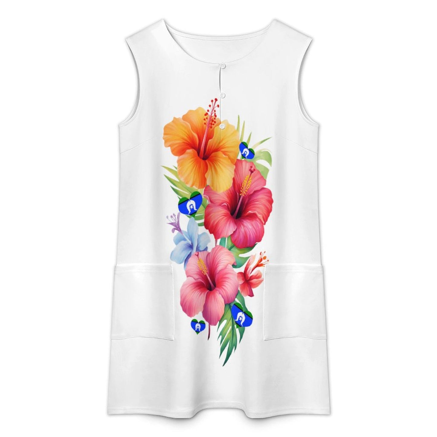 Hibiscus flowers with heart shaped Torres Strait flag on Sleeveless Pocket Dress