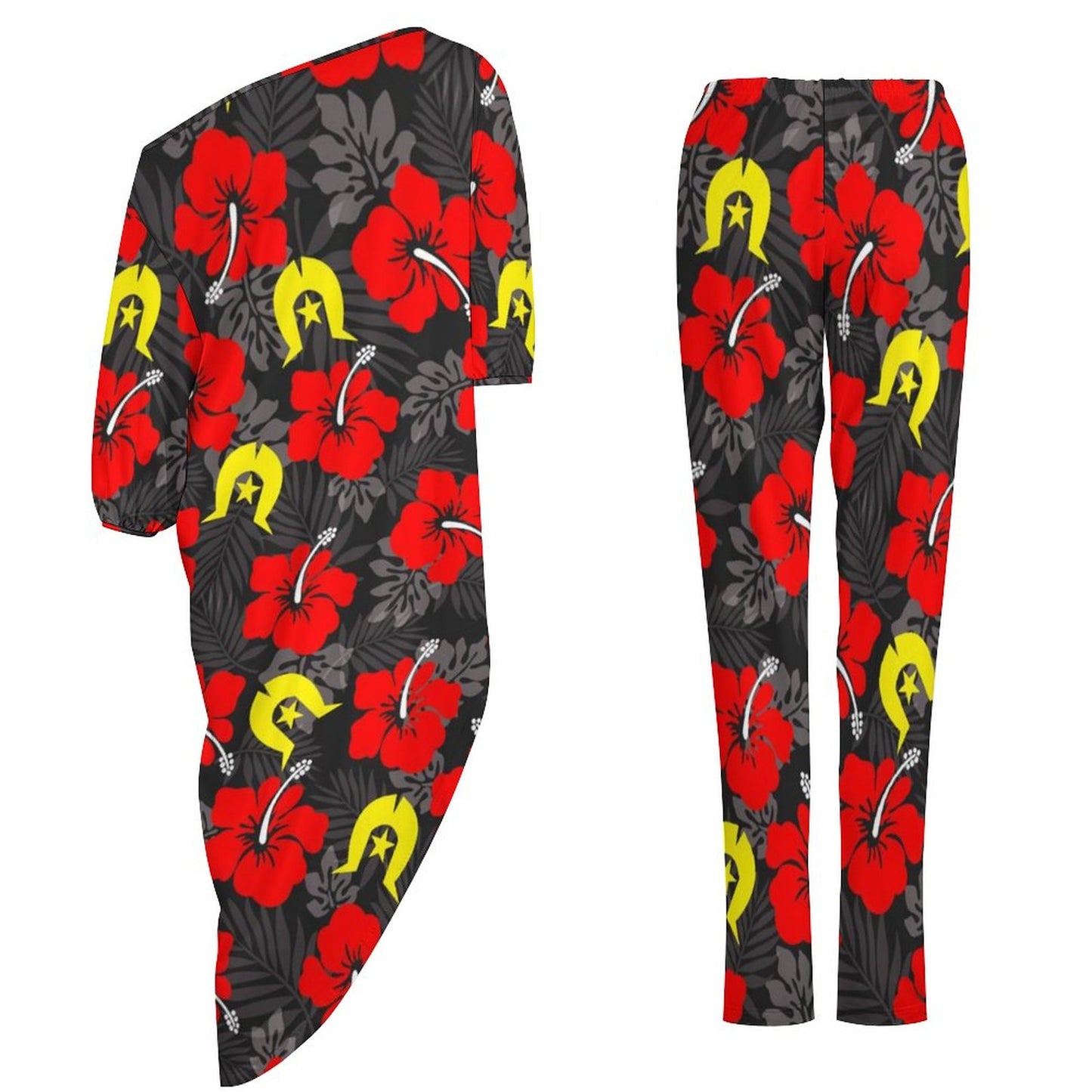 Royal Red Hibiscus with Yellow Dhari on Diagonal Shoulder Two Piece Set