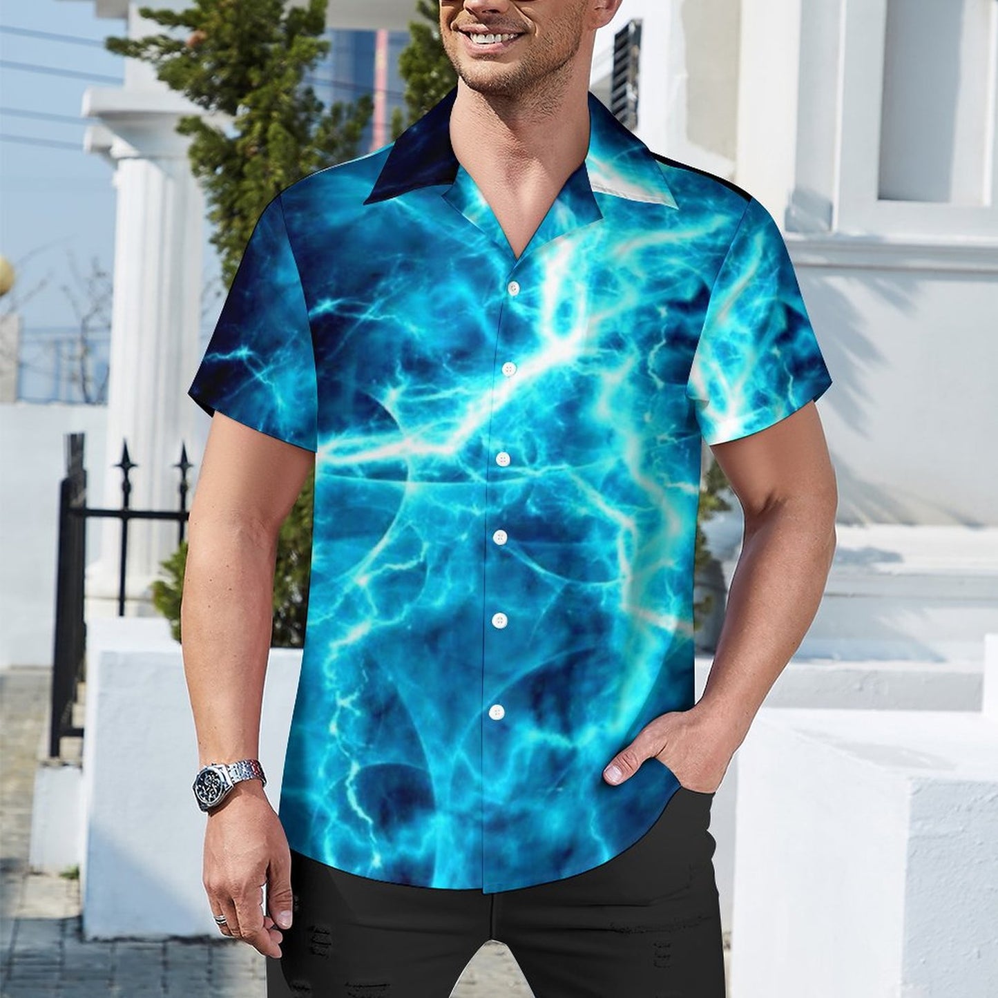 Lightning on Men's Short Sleeve Hawaiian Print Shirt with Cuban Collar