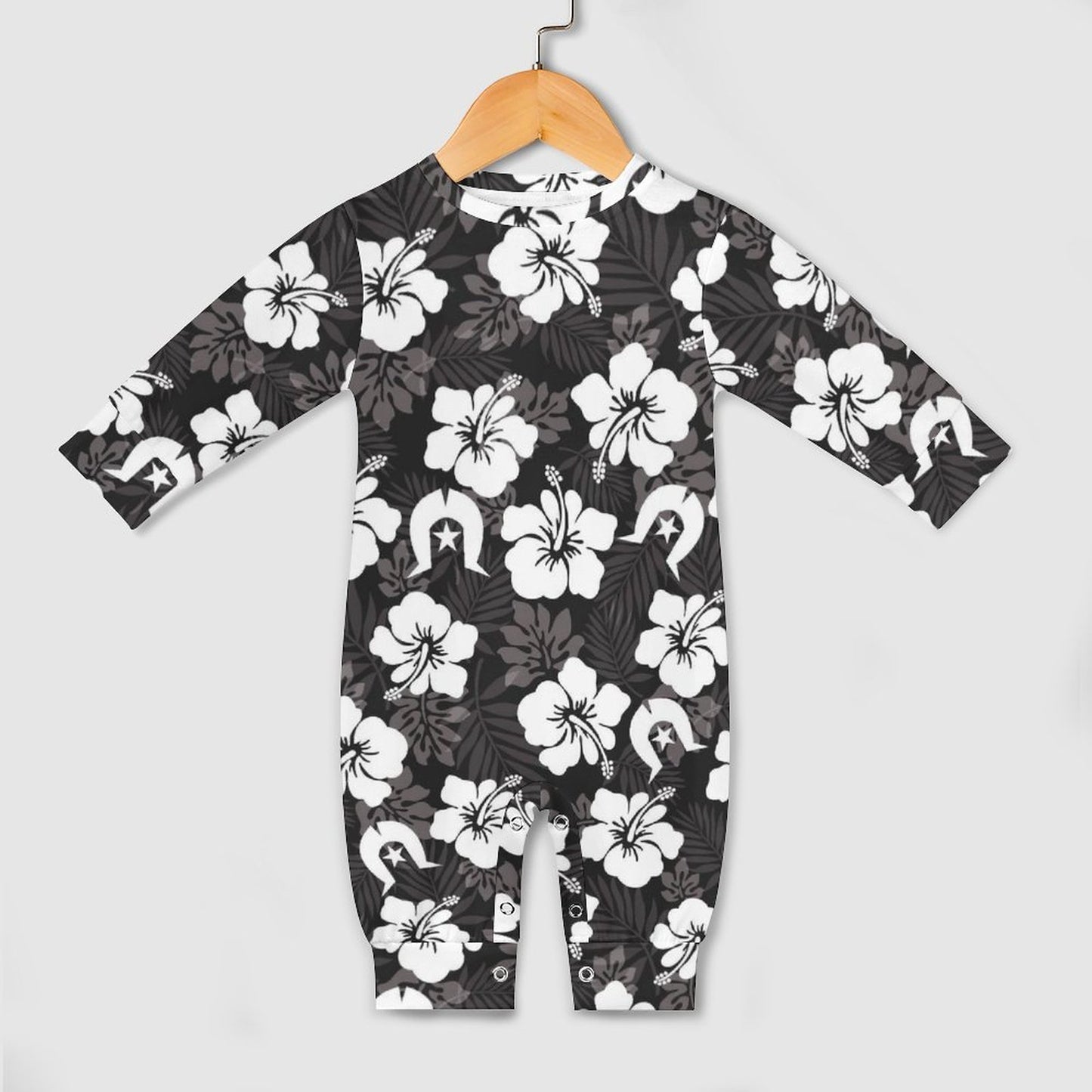 White Hibiscus and Dhari (Black) on Baby Romper