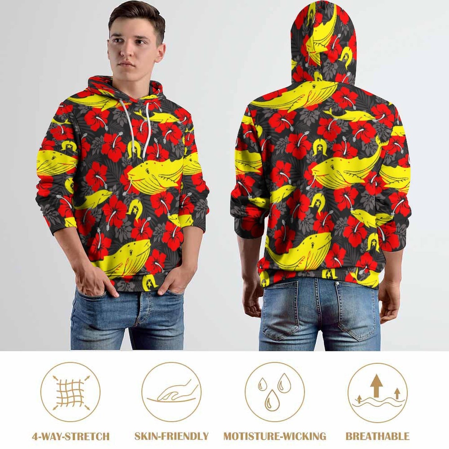 Royal Red Hibiscus with Yellow Dhari, Whale and Dolphin on Men's Cool Hoodie with Double-layer Cap