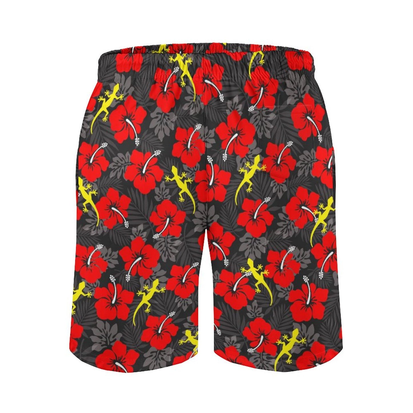 Royal Red Hibiscus flowers with Gecko on Men's Board Shorts