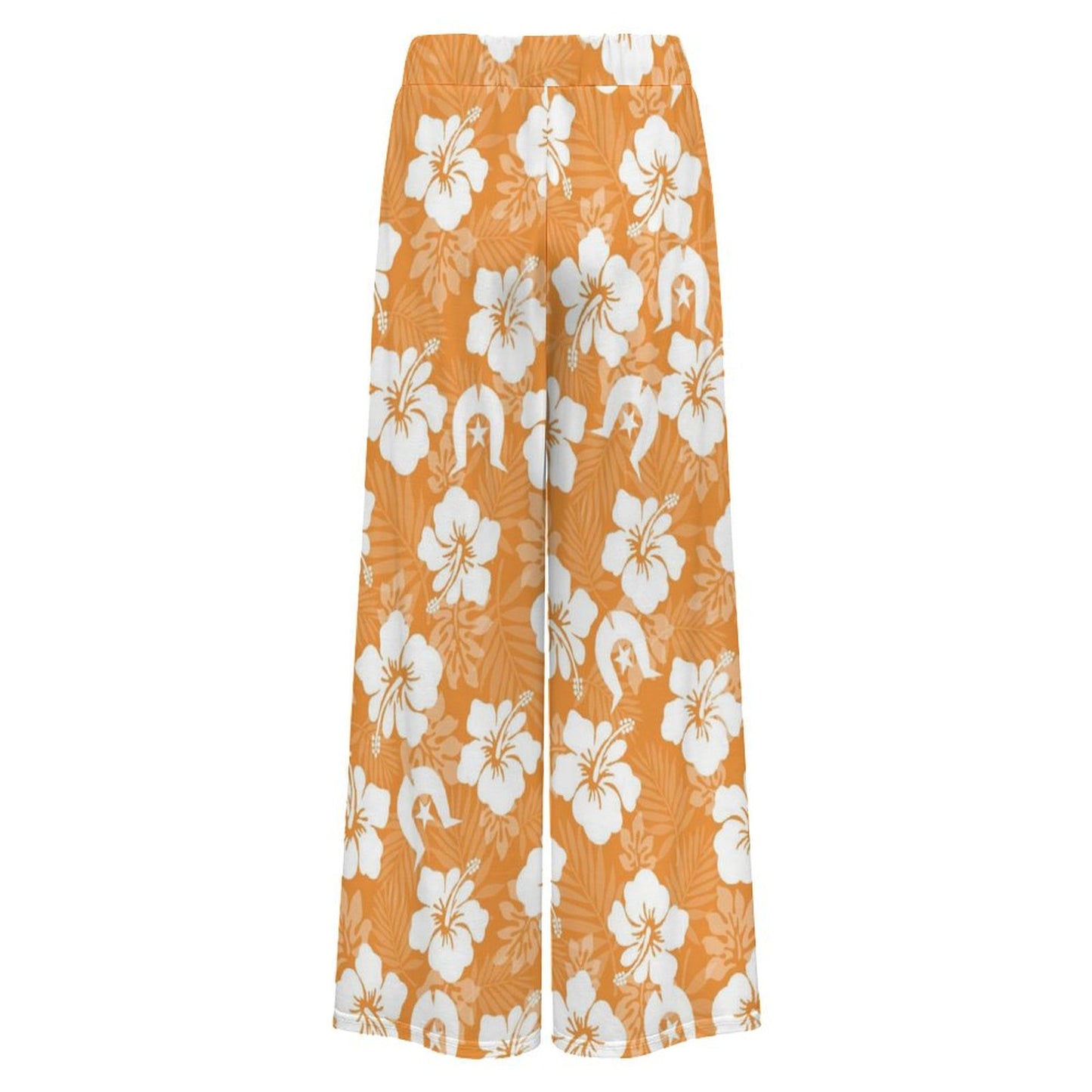 White Hibiscus flowers with Dhari (Orange) on Women’s Wide-Leg Pants