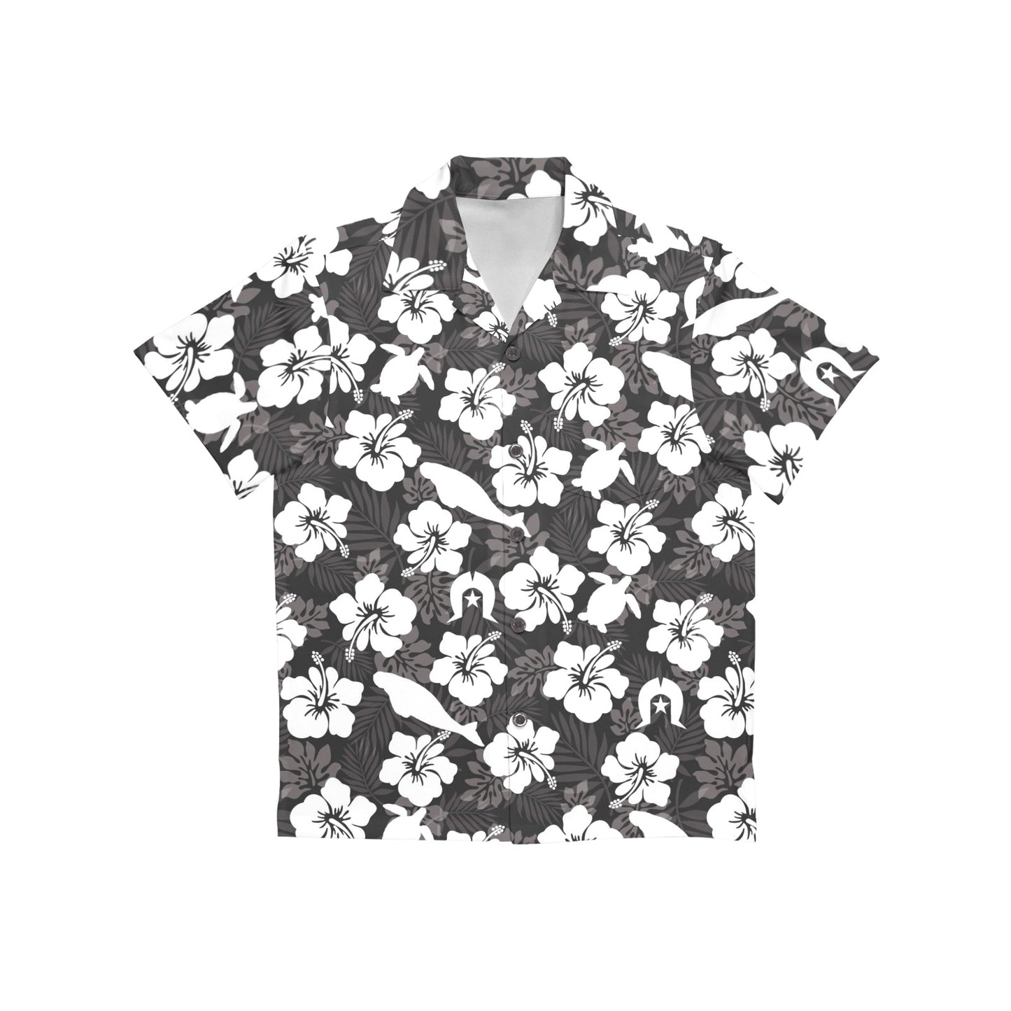 White Hibiscus with Dugong, Turtle and Dhari (Black) on Little Boys' Hawaiian Shirt
