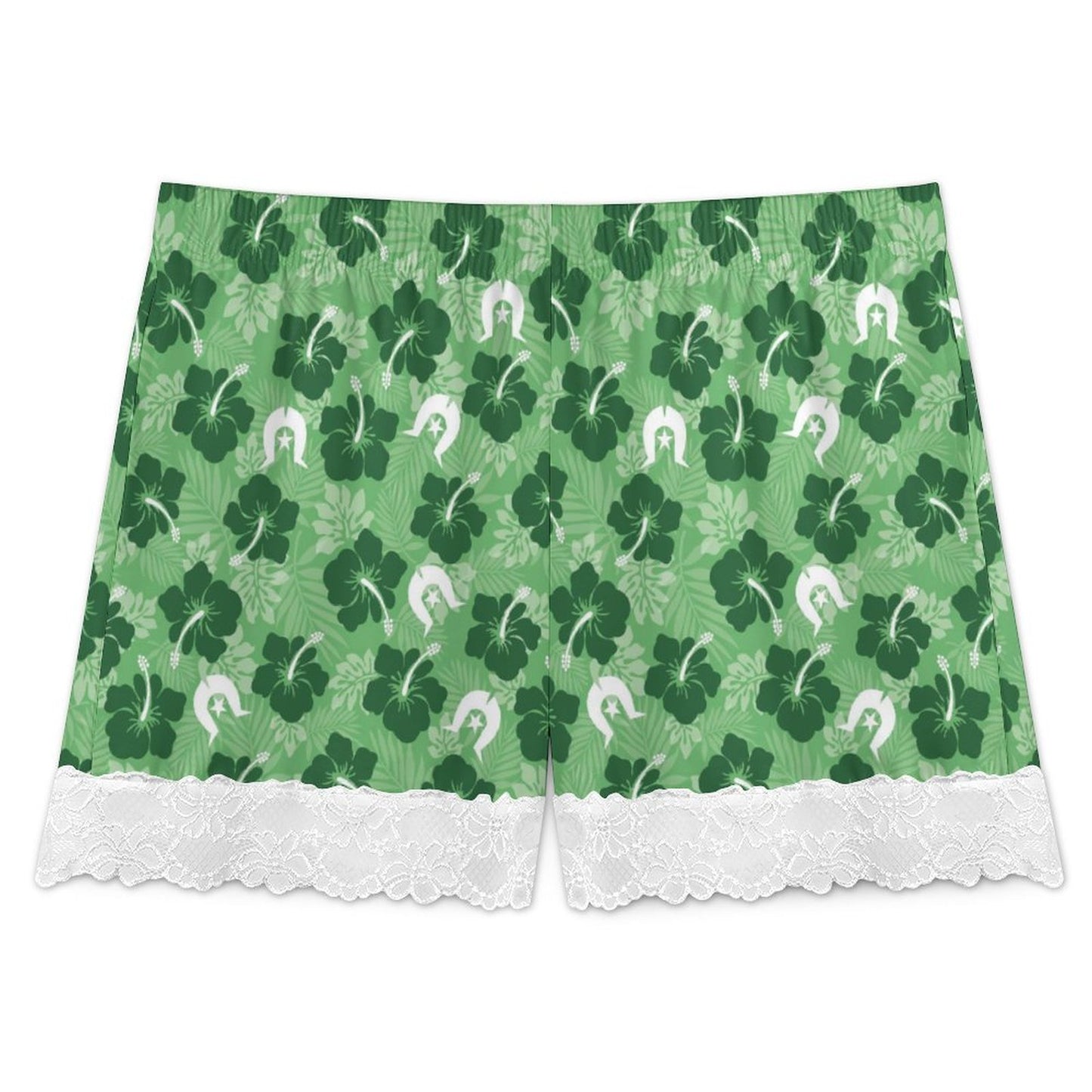 Hibiscus flowers with Dhari (Sea Grass Green) on 200gsm Women's Lace Trim Pajama Shorts