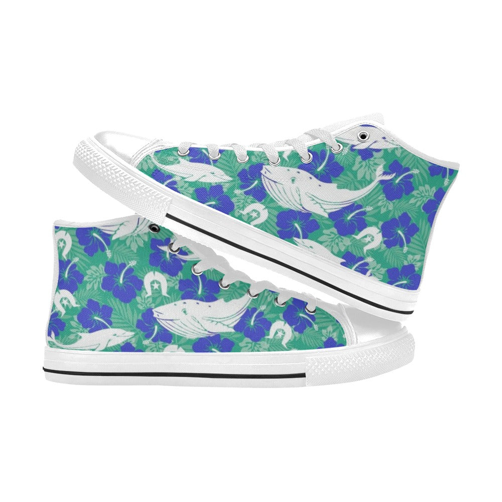 Royal Blue Hibiscus flowers with Whale, Dolphin and Dhari on Women's High Top Canvas Shoes