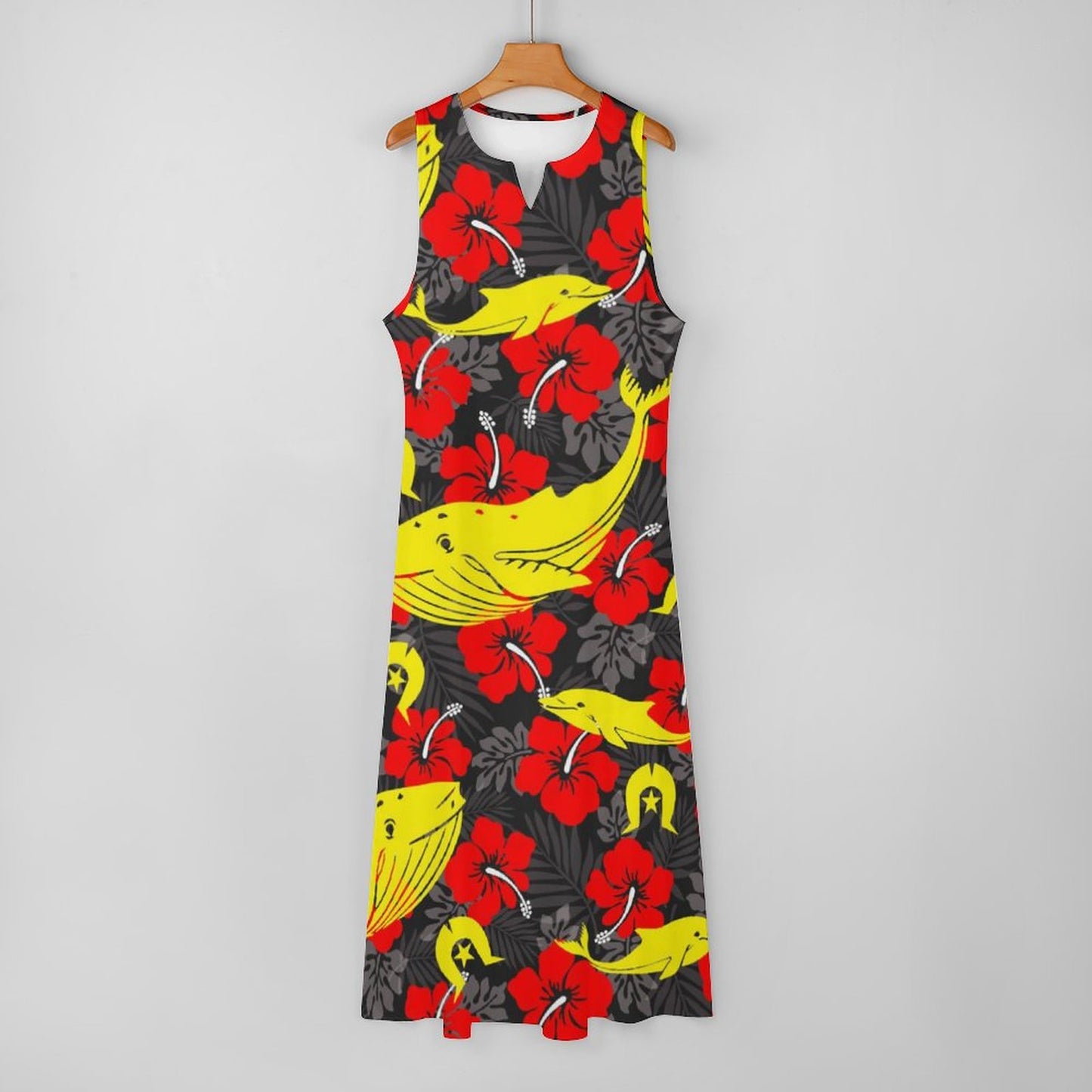 Royal Red Hibiscus with Yellow Dhari, Whale and Dolphin on Sleeveless Ankle-length Dress