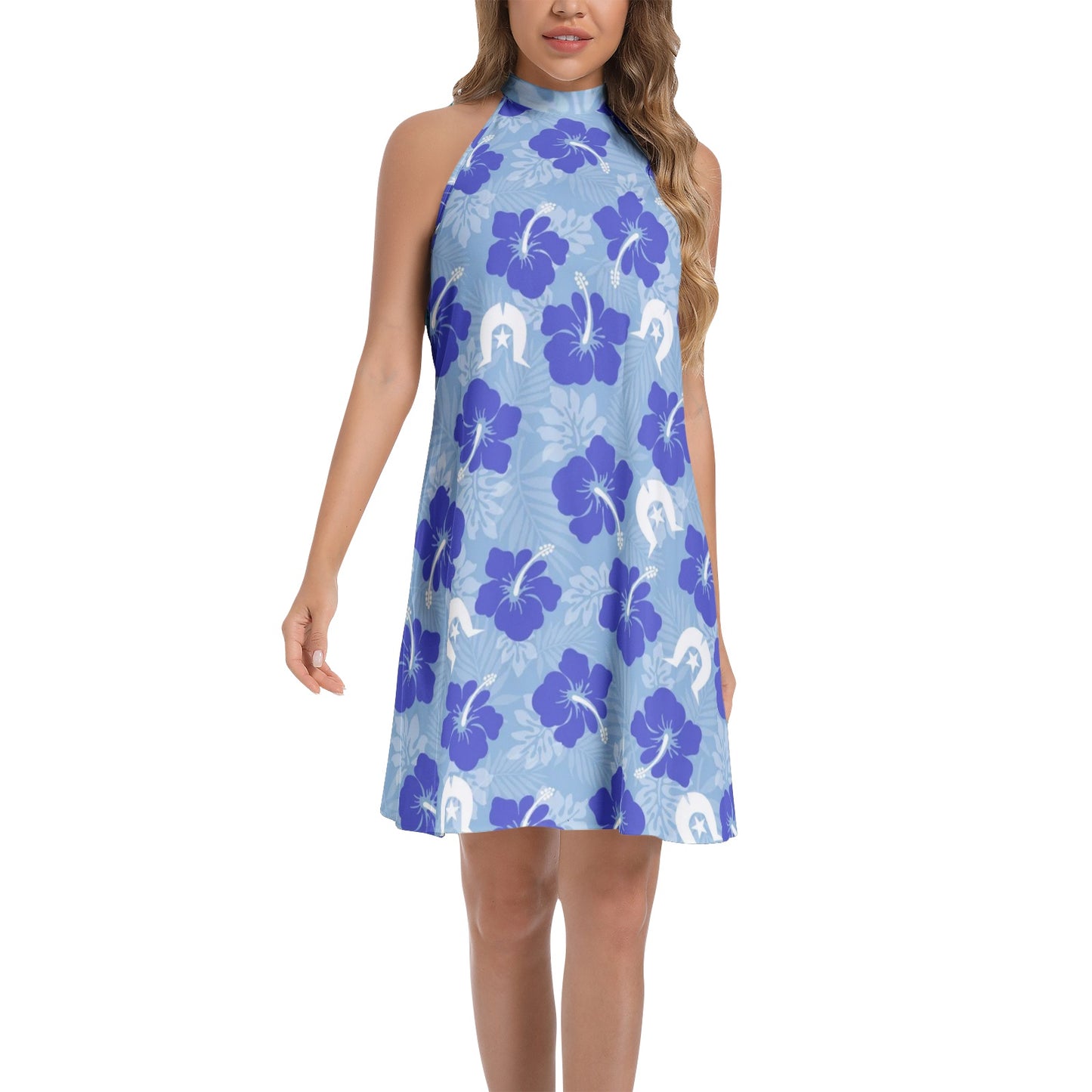 Hibiscus flowers with White Dhari (Sky blue) on Tie Back Halter Neck Flared Dress