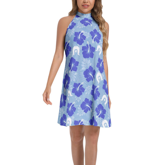 Hibiscus flowers with White Dhari (Sky blue) on Tie Back Halter Neck Flared Dress