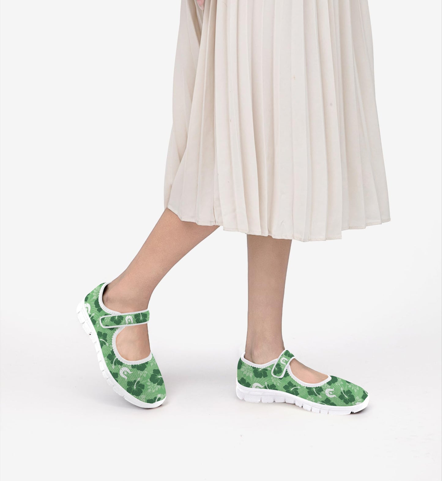 Hibiscus flowers with Dhari (Sea Grass Green) on Women's Mary Jane Shoes