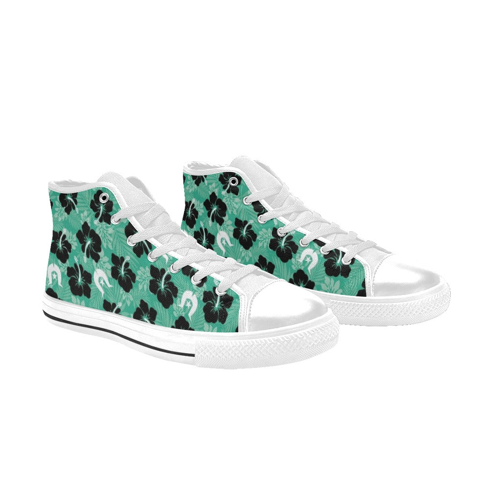 Black Hibiscus with White Dhari on Women's High Top Canvas Shoes