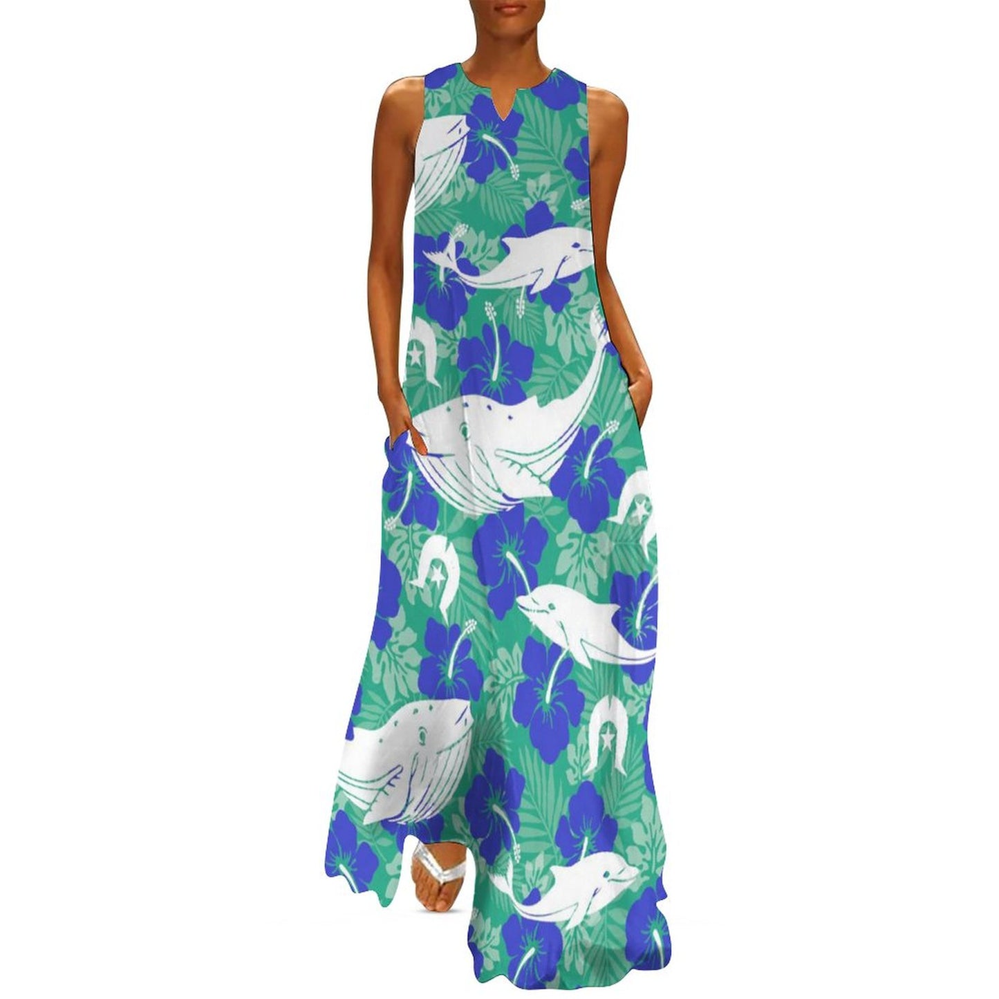 Royal Blue Hibiscus flowers with Whale, Dolphin and Dhari on Sleeveless Ankle-length Dress