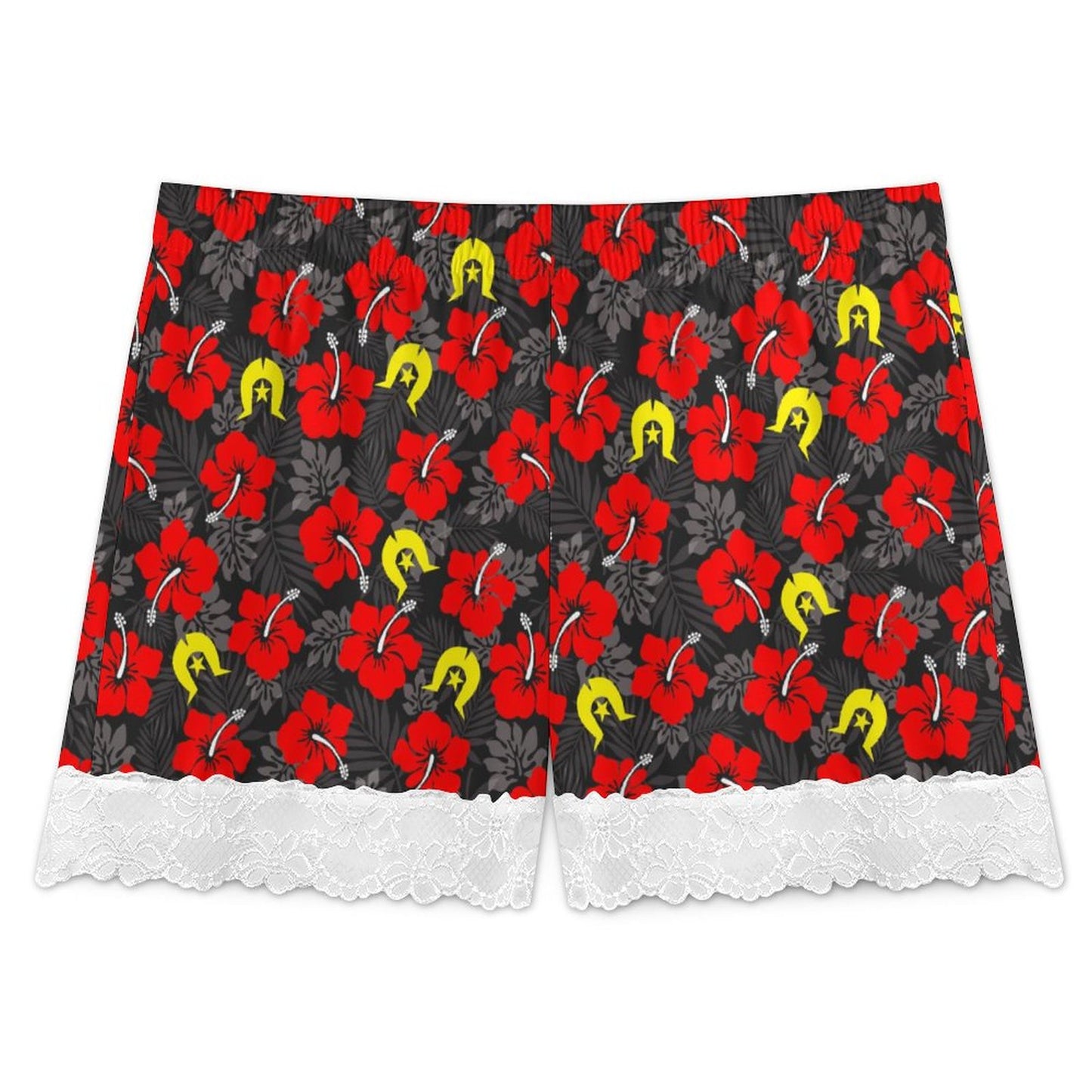 Royal Red Hibiscus with Yellow Dhari on 200gsm Women's Lace Trim Pajama Shorts