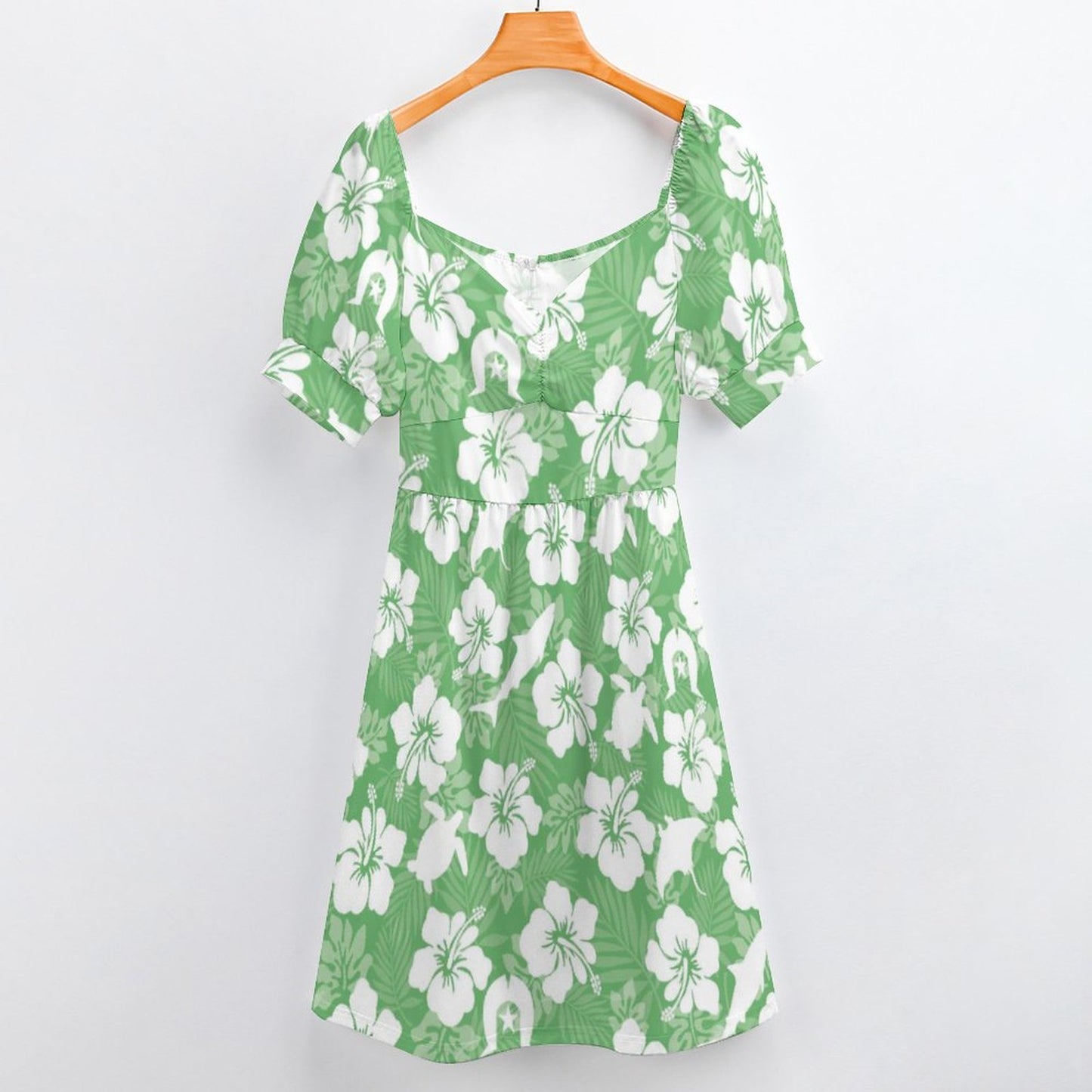White hibiscus flowers with Dhari, Shark, turtle, and stingray (Green) on Short Sleeve V Neck Lovely Dress