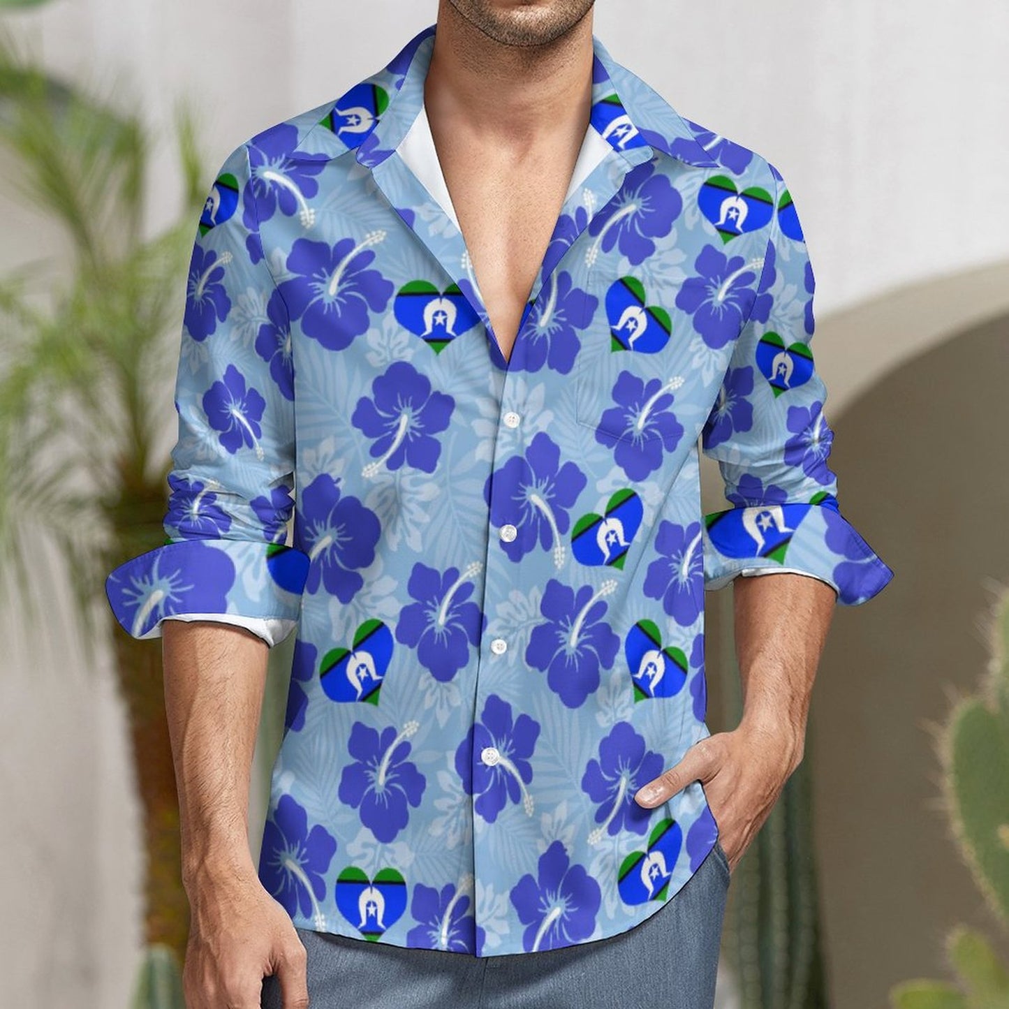 Hibiscus flowers with TSI Heart Flag (Sky Blue) on Men's Long Sleeve Shirt