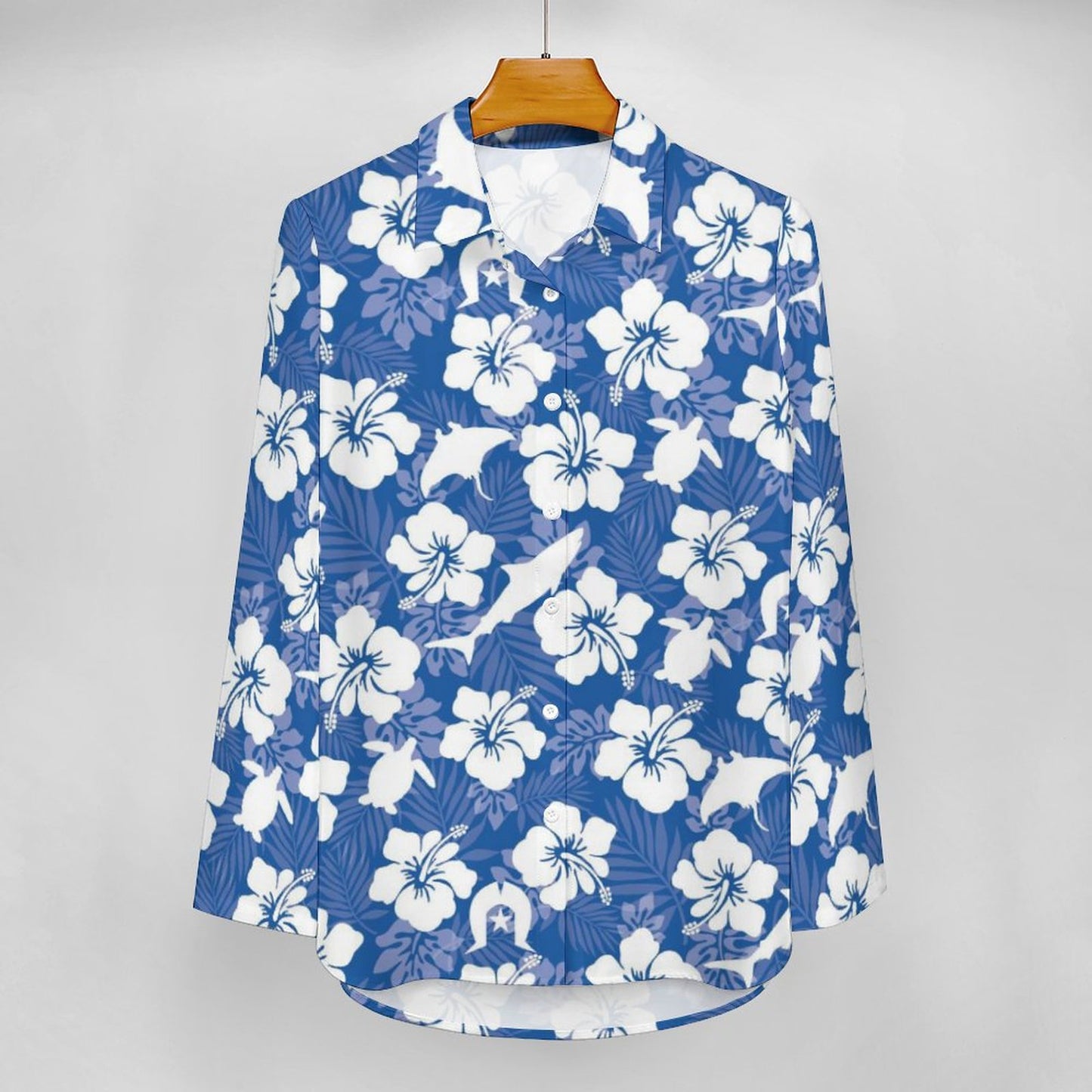 White hibiscus flowers with Dhari, Shark, turtle, and stingray on Women's shirts