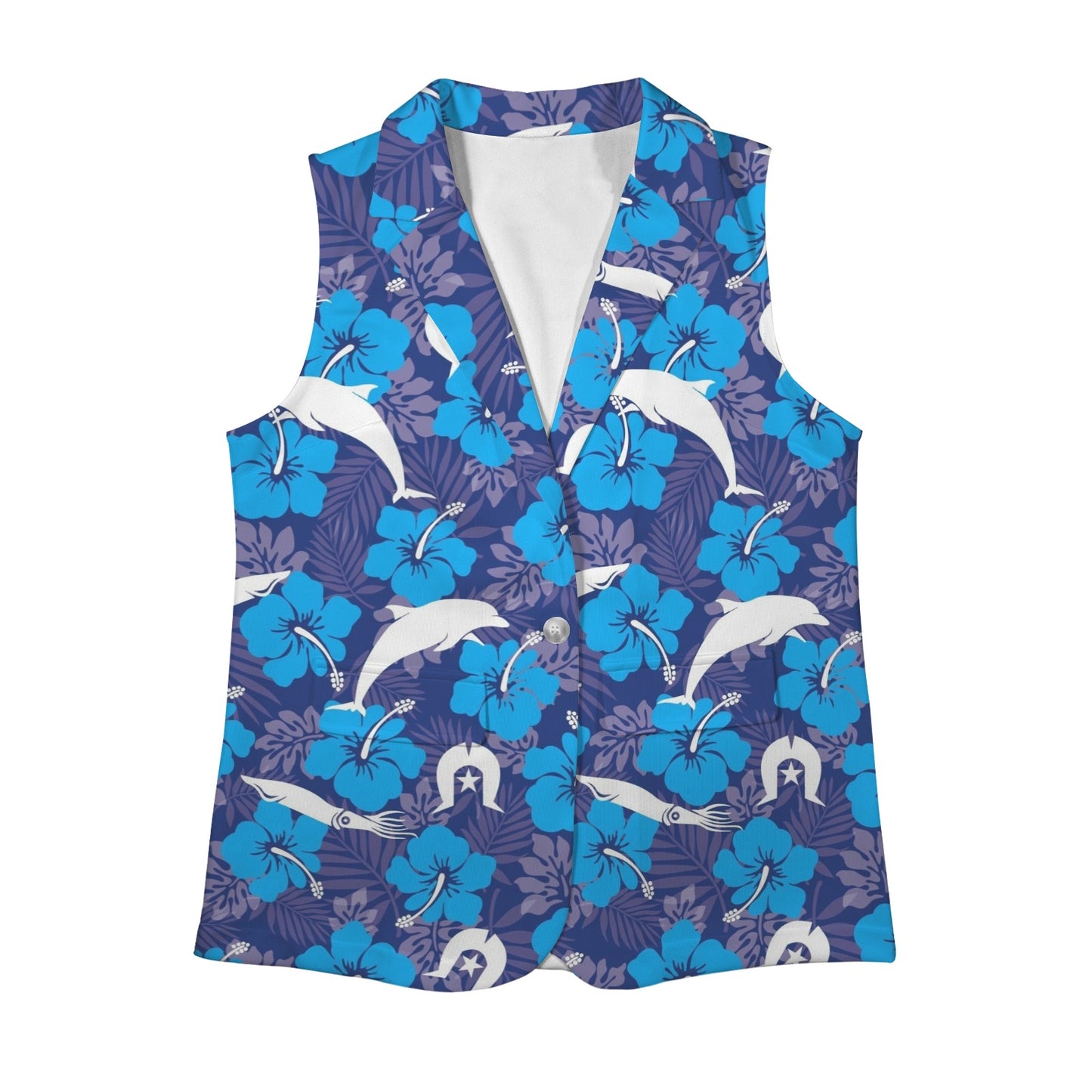 Hibiscus flowers with Dolphin, Squid and Dhari (Royal blue) on Women Sleeveless Suit Vest