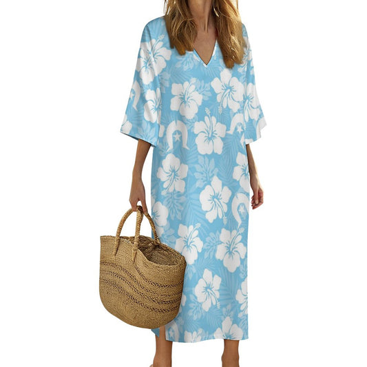 White Hibiscus and Dhari (blue) on Mediterranean Style V Neck Mid-Sleeve Robe