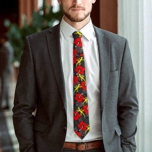 Royal Red Hibiscus flowers with Gecko on Men's Formal Tie