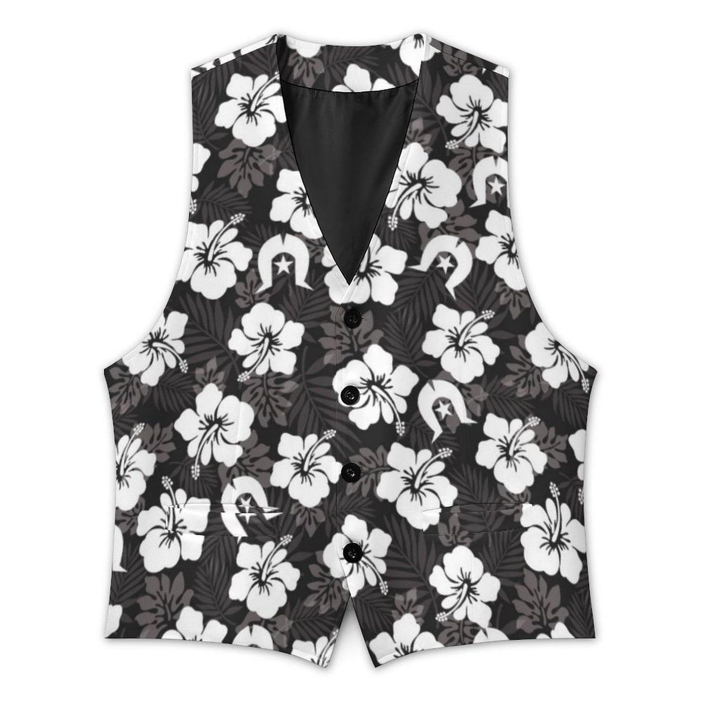 White Hibiscus and Dhari (Black) on Men's Sleeveless Suit Vest