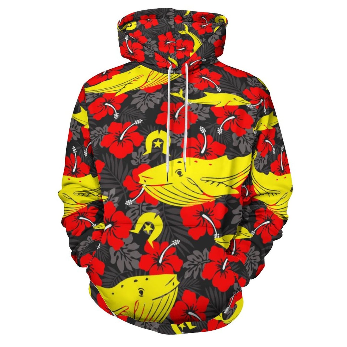 Royal Red Hibiscus with Yellow Dhari, Whale and Dolphin on Lady Hoodie with Double-layer Cap