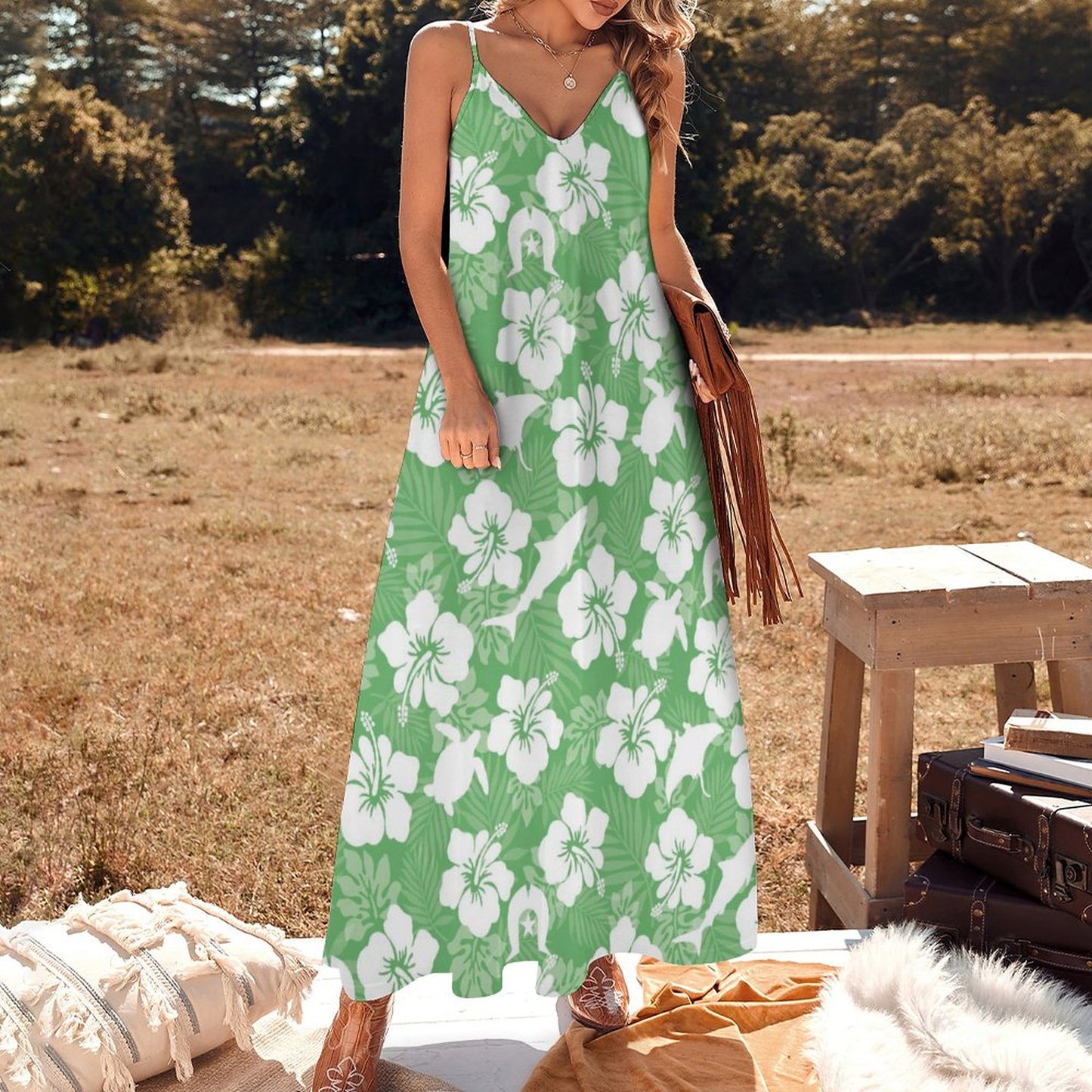 White hibiscus flowers with Dhari, Shark, turtle, and stingray (Green) on Ankle-length Slip Dress BDQ