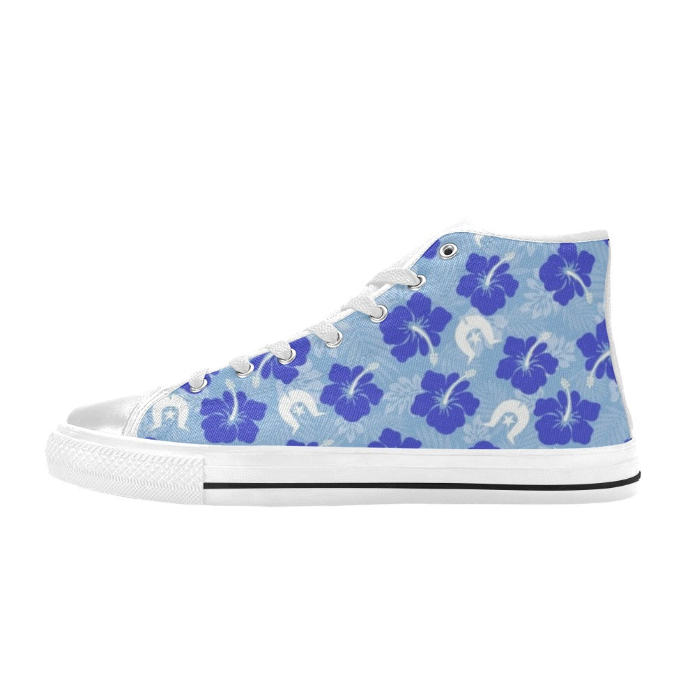Hibiscus flowers with White Dhari (Sky blue) on Women's High Top Canvas Shoes