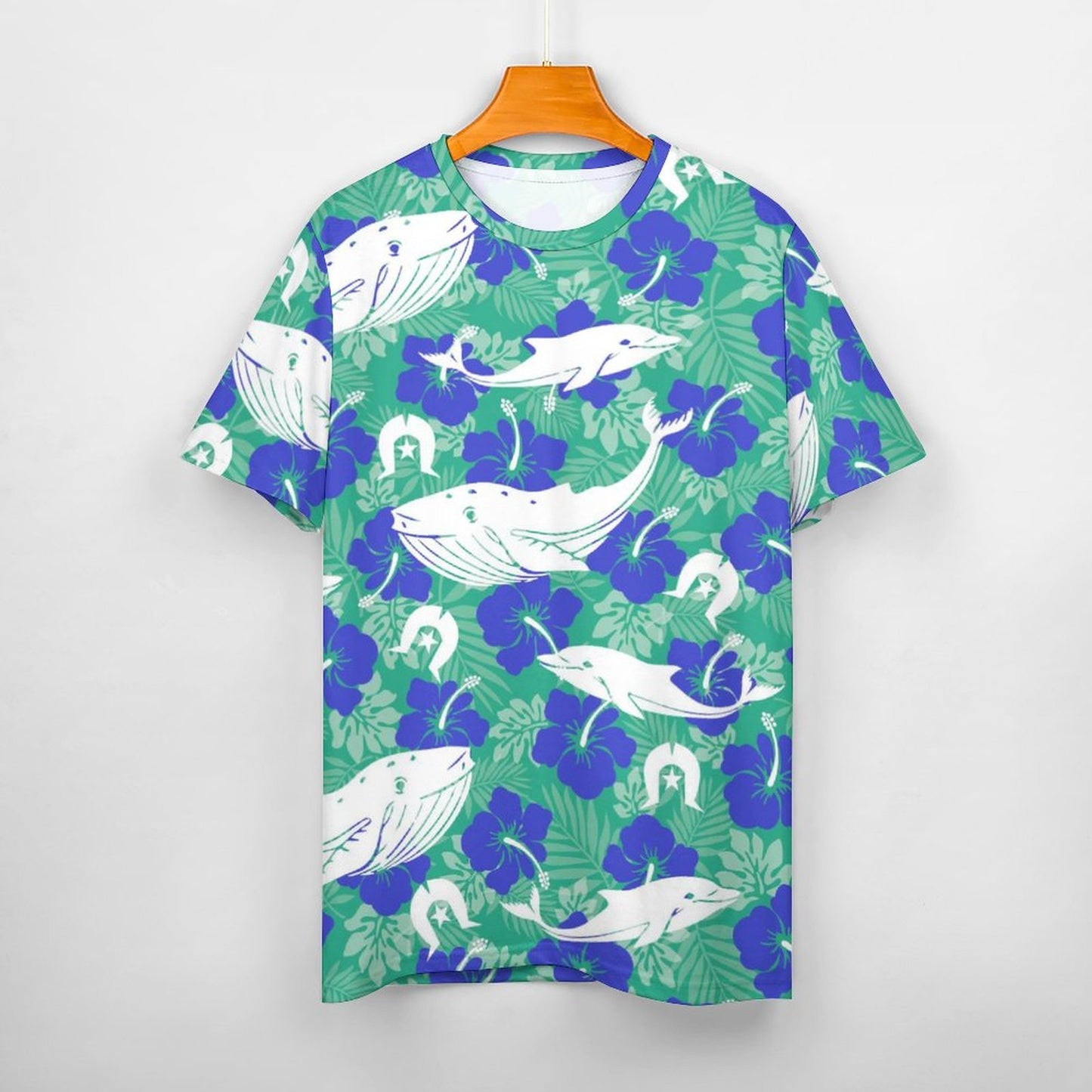 Royal Blue Hibiscus flowers with Whale, Dolphin and Dhari on Cotton Summer Short Sleeve T-Shirts for Women
