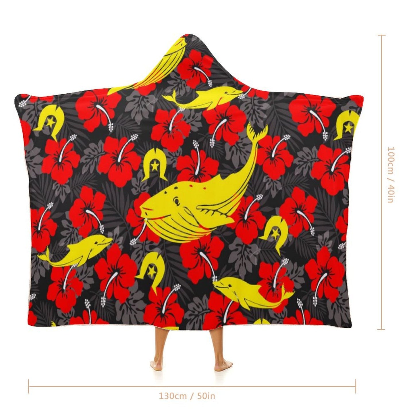 Royal Red Hibiscus with Yellow Dhari, Whale and Dolphin on Cloak Hooded Blanket  40"×50"