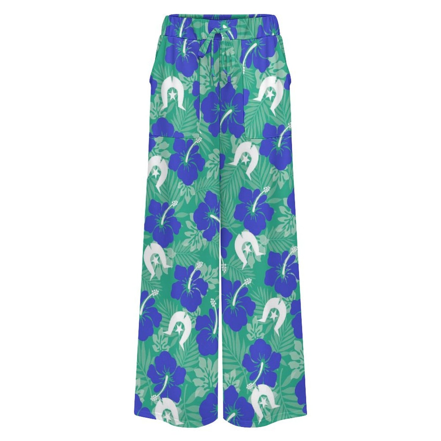 Blue Hibiscus flowers with Dhari on Women’s Wide-Leg Pants