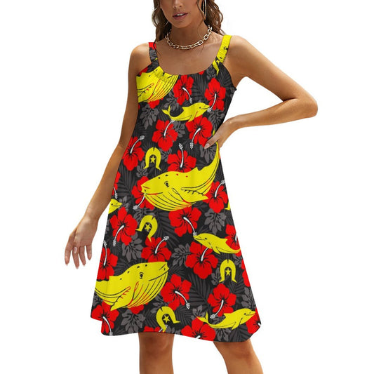 Royal Red Hibiscus with Yellow Dhari, Whale and Dolphin on Sleeveless Dress
