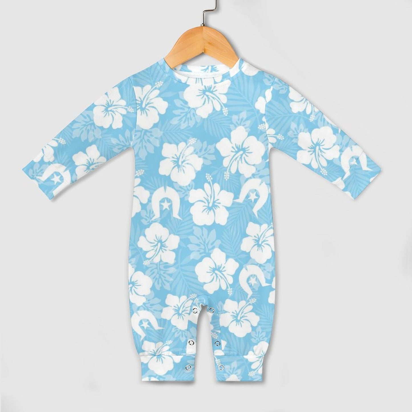 White Hibiscus and Dhari (blue) on Baby Romper