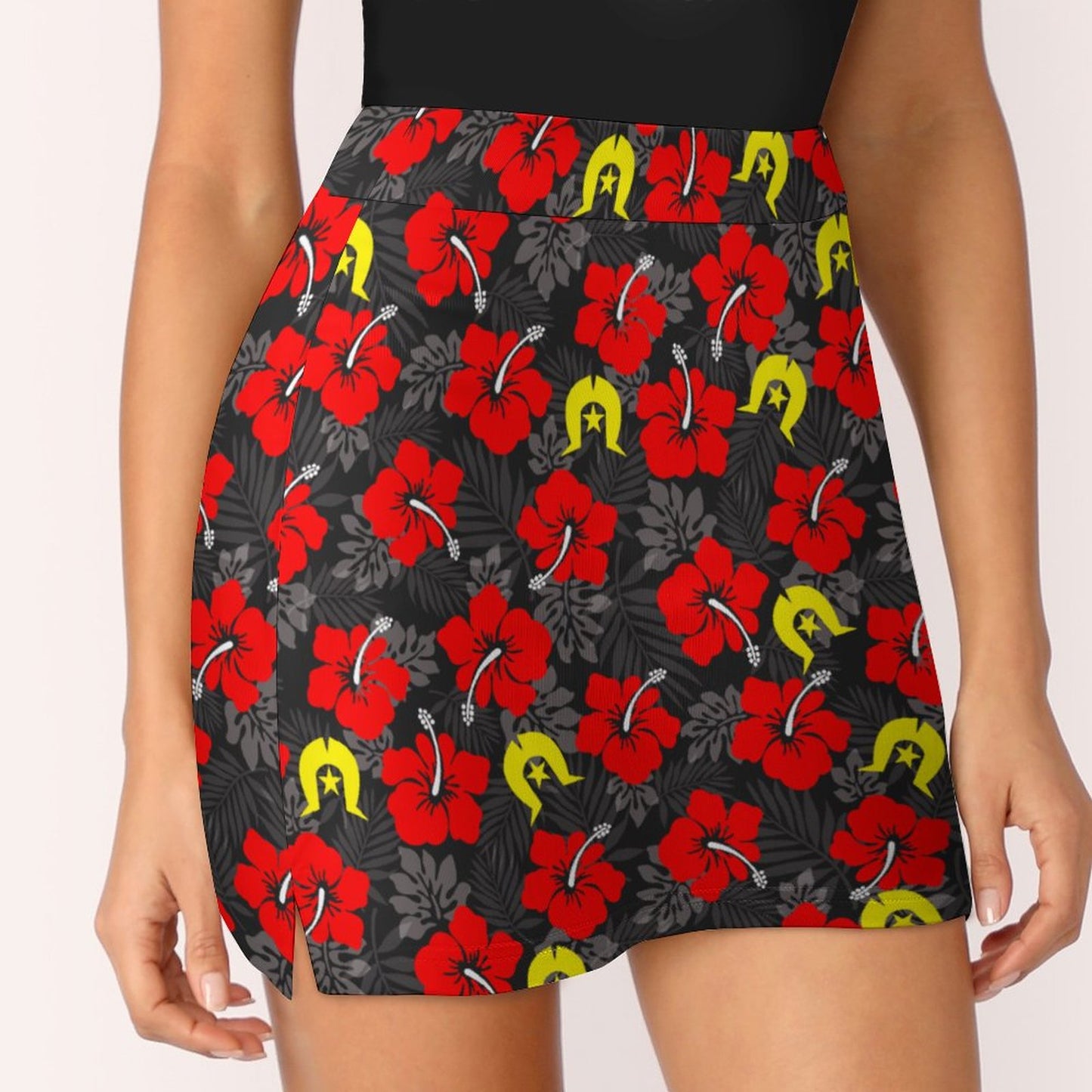Royal Red Hibiscus with Yellow Dhari on Anti-peep Skort with Pocket AMQ