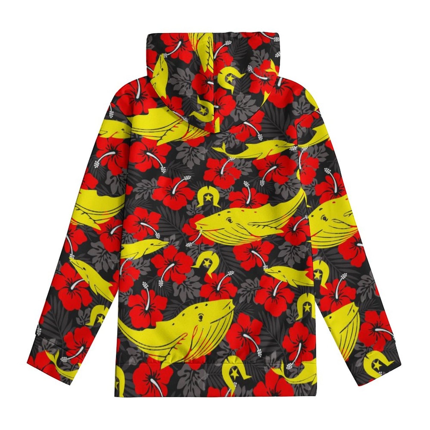 Royal Red Hibiscus with Yellow Dhari, Whale and Dolphin on Youth's Hoodie