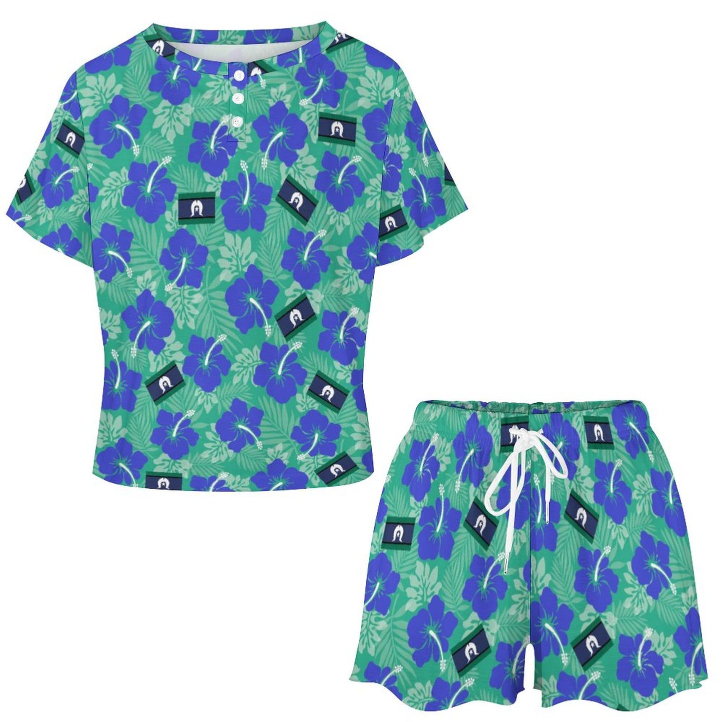 Hibiscus flowers with Torres Strait Flag on Short Sleeve Loungewear Set