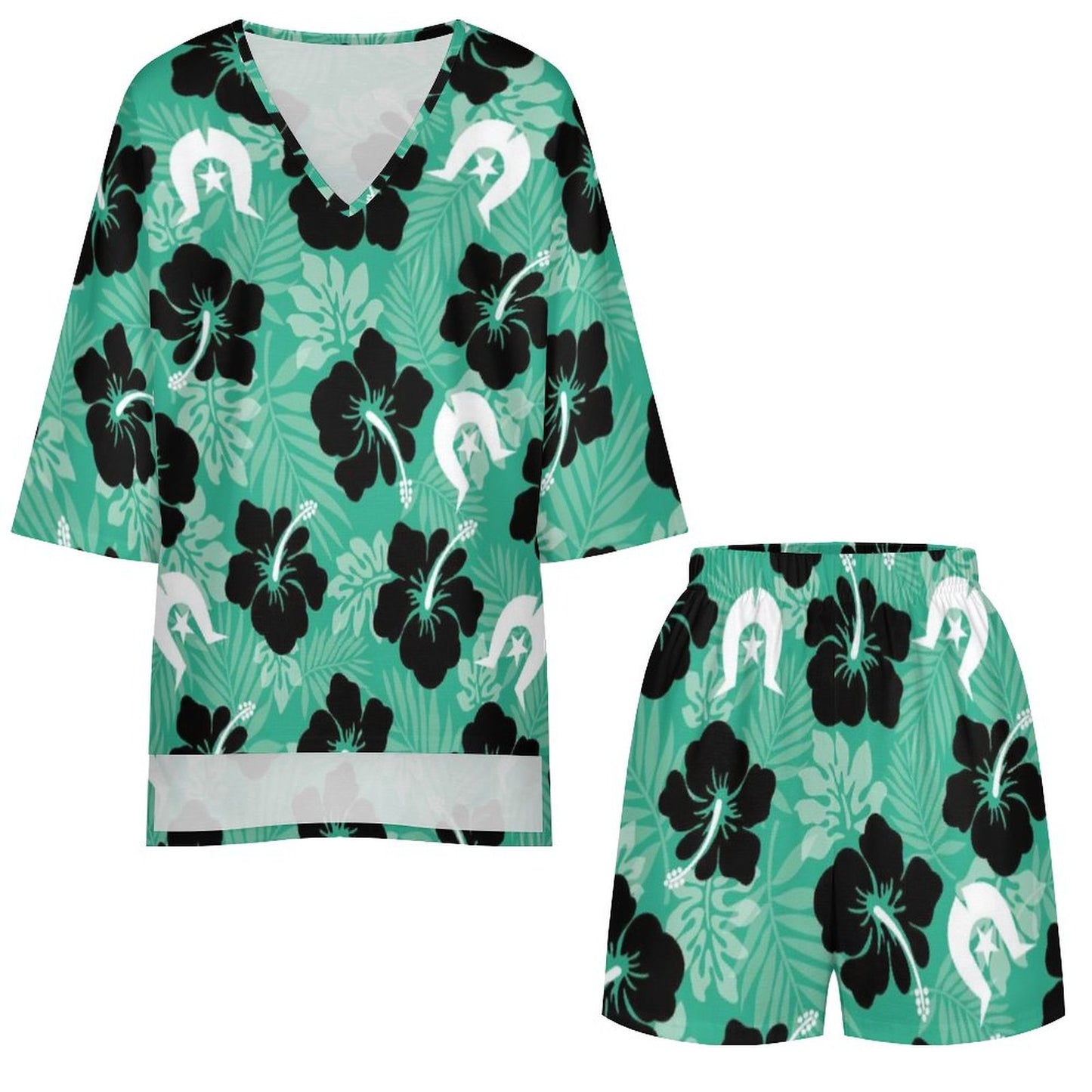 Black Hibiscus with White Dhari on Mediterranean Style V-Neck Suit