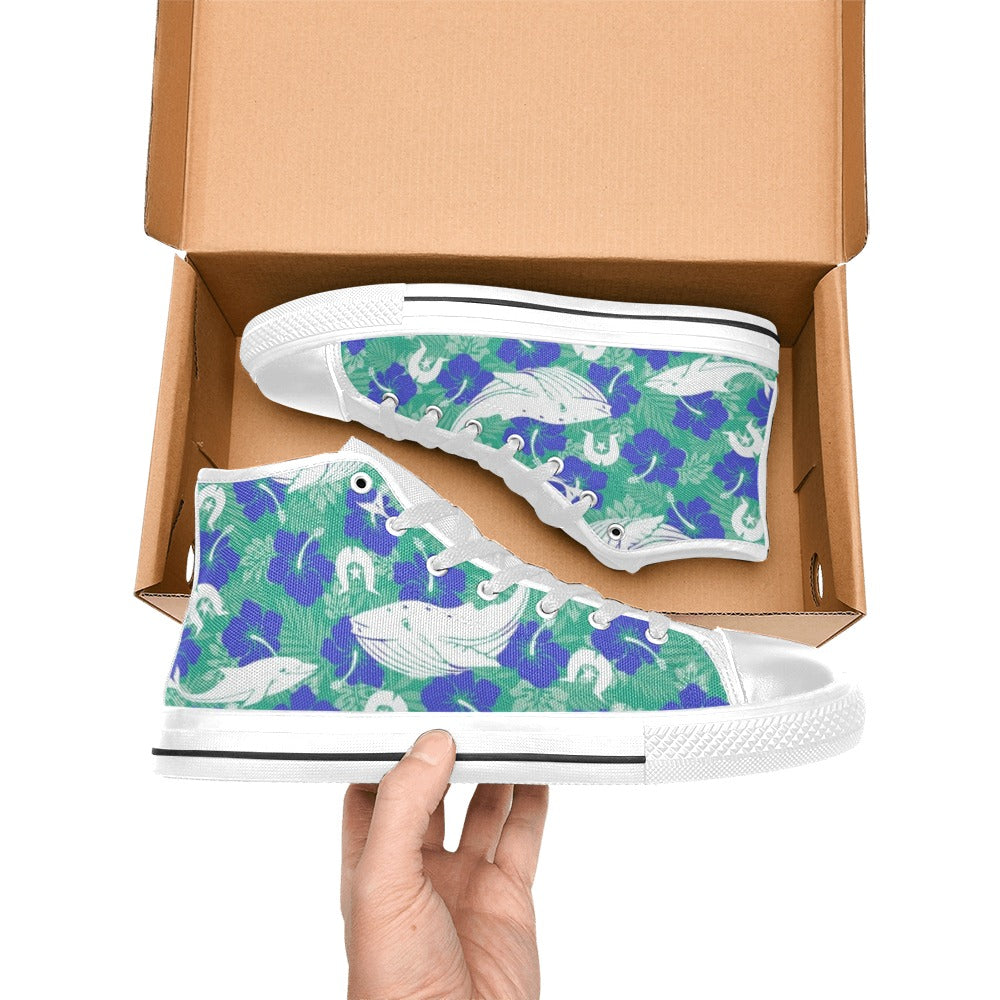 Royal Blue Hibiscus flowers with Whale, Dolphin and Dhari on Women's High Top Canvas Shoes