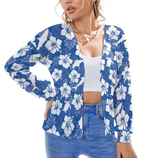 White hibiscus flowers with Dhari, Shark, turtle, and stingray on Long Sleeve Drop Shoulder Open Shirt