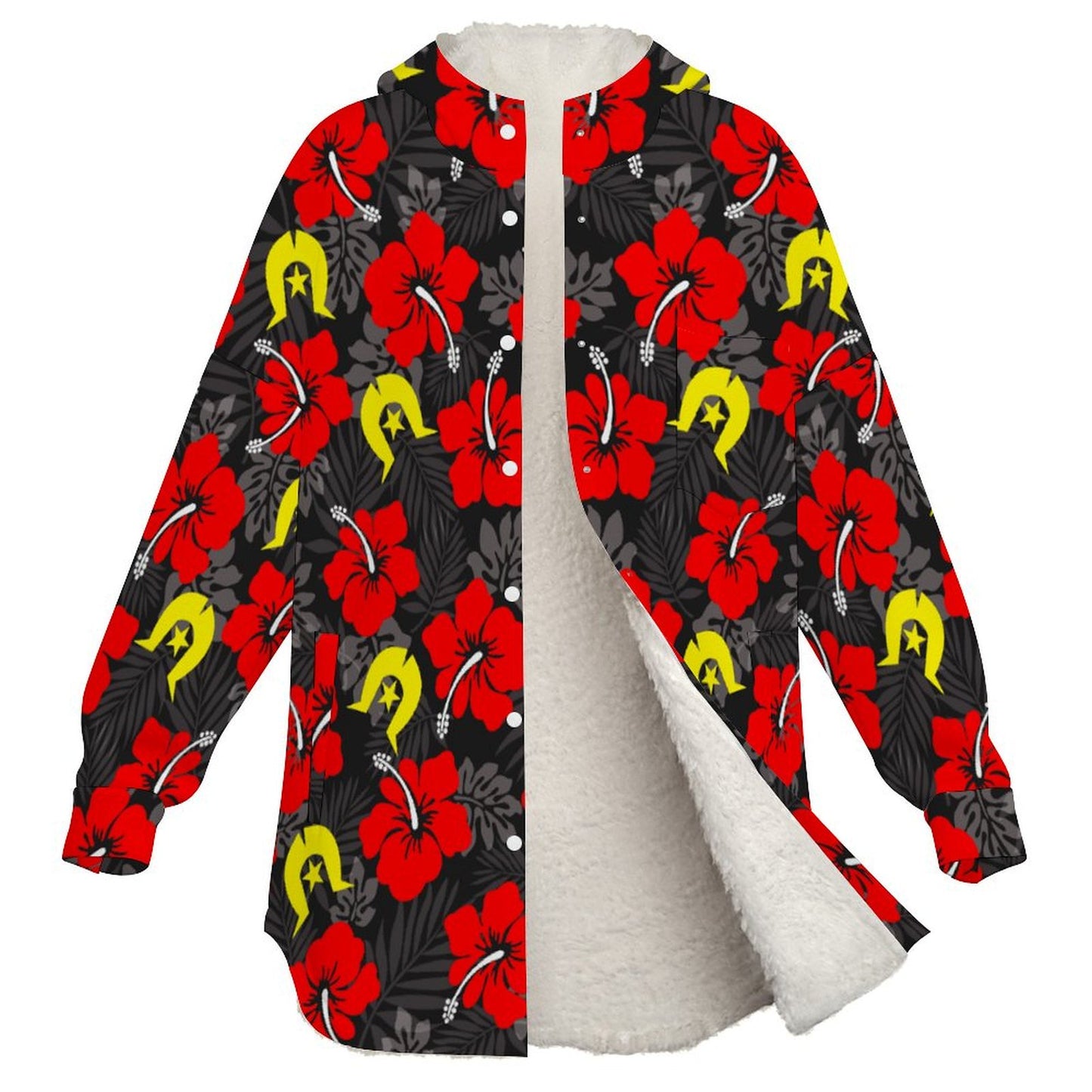 Royal Red Hibiscus with Yellow Dhari on Women's Full Snap Fleece Jacket